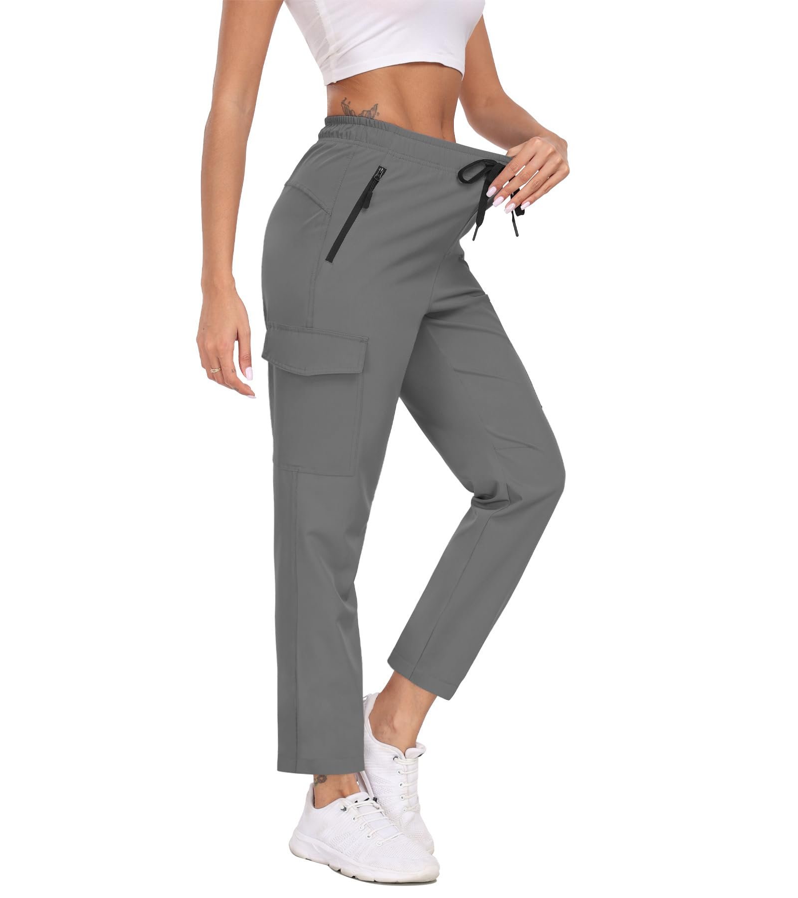 Gray cargo pants with the black drawstring tied — Toiuui Womens Lightweight Cargo Pants Water Resistant Quick Dry Travel Pants
