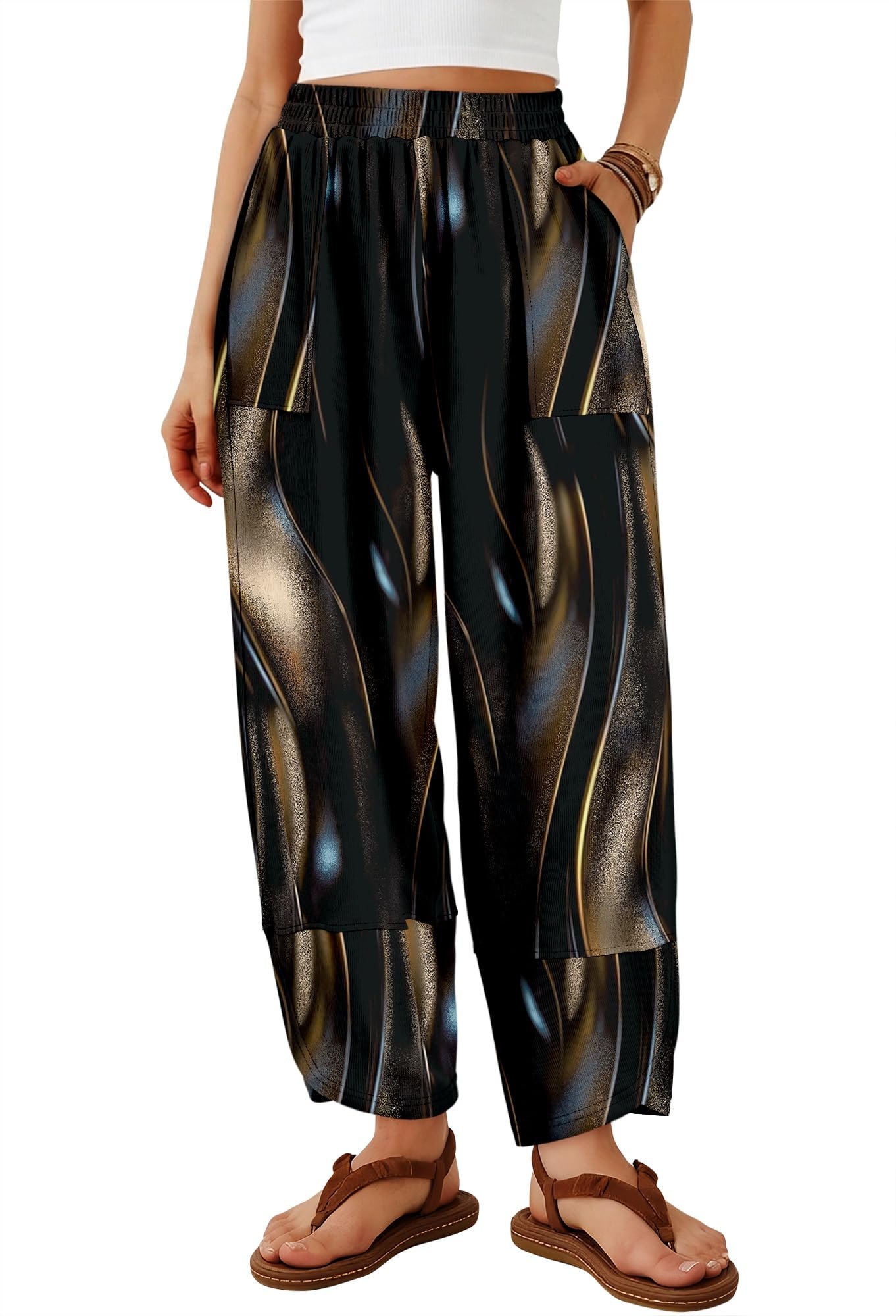 Partly cloudy, fully styled in Cropped Jacket — Angerella Women's Wide Leg Pants Casual Elastic Waisted Palazzo Harem Pants Summer Beach Vacation Trousers with Pockets