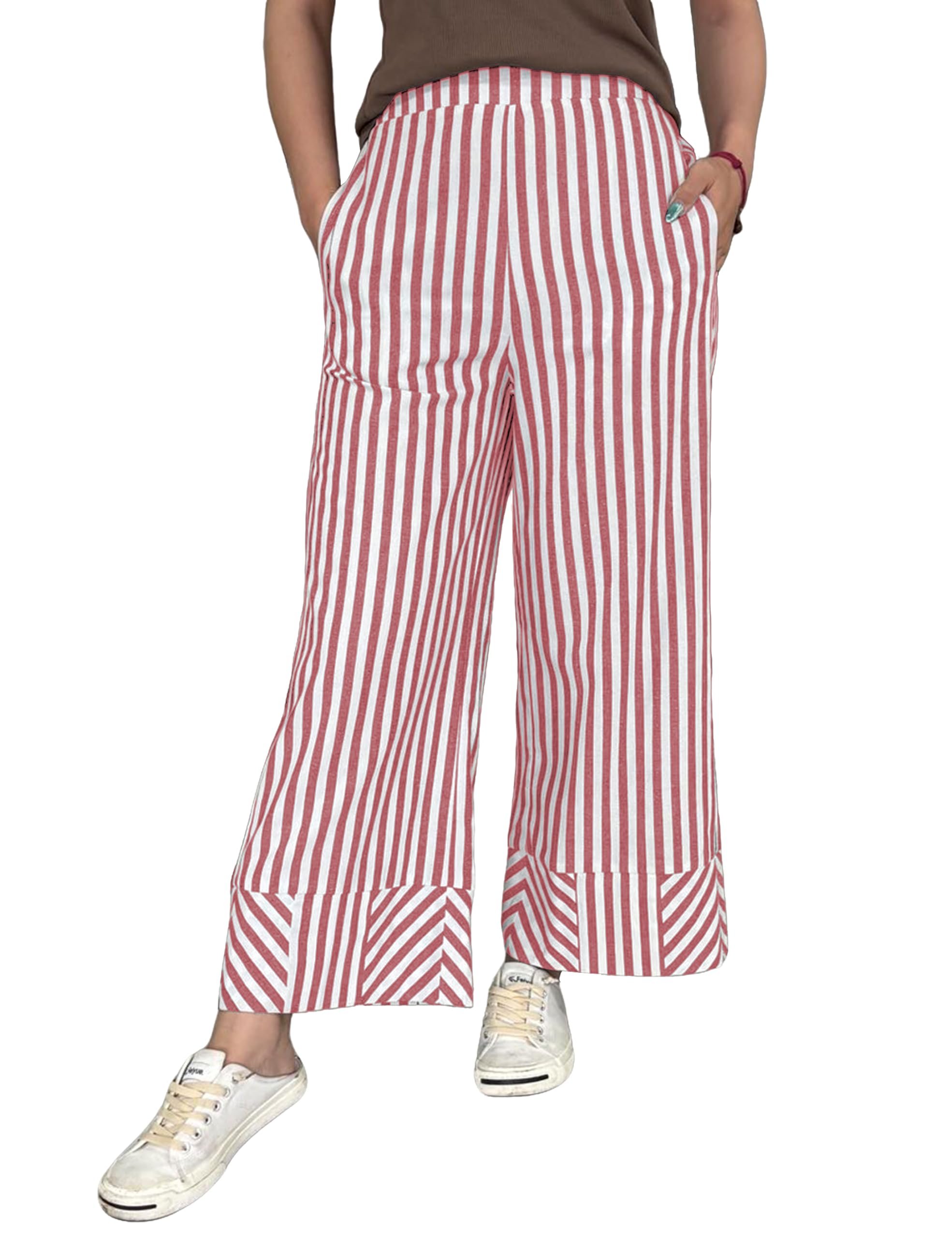 Red stripes after dark — Grijaaz Women Patchwork Striped Wide Leg Pants Pockets(Redstripe-S)