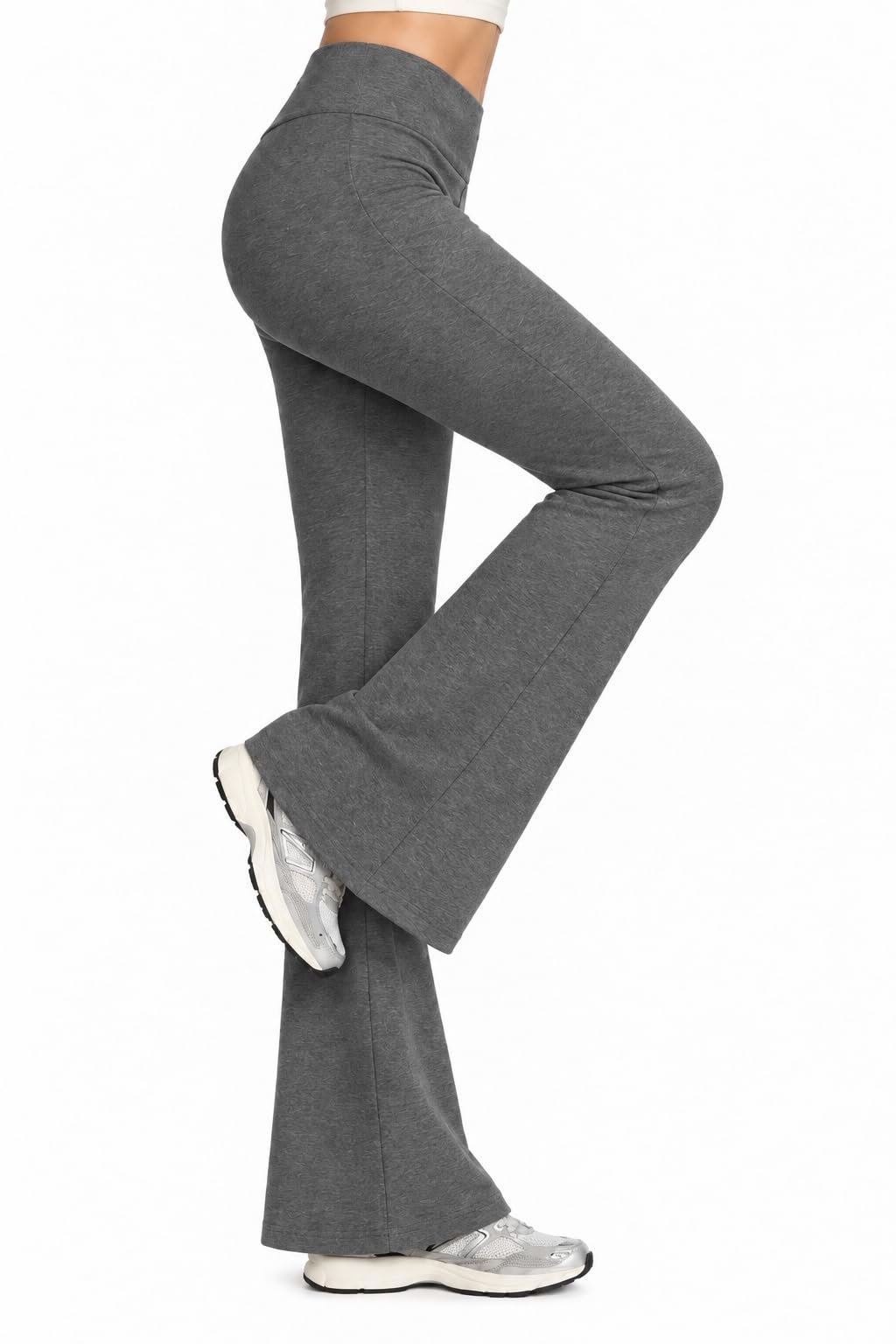 Heather grey flares stacked over white sneakers — Orolay CHIIONE Women's Cotton Flare Sweatpants High Waisted Bootcut Pants