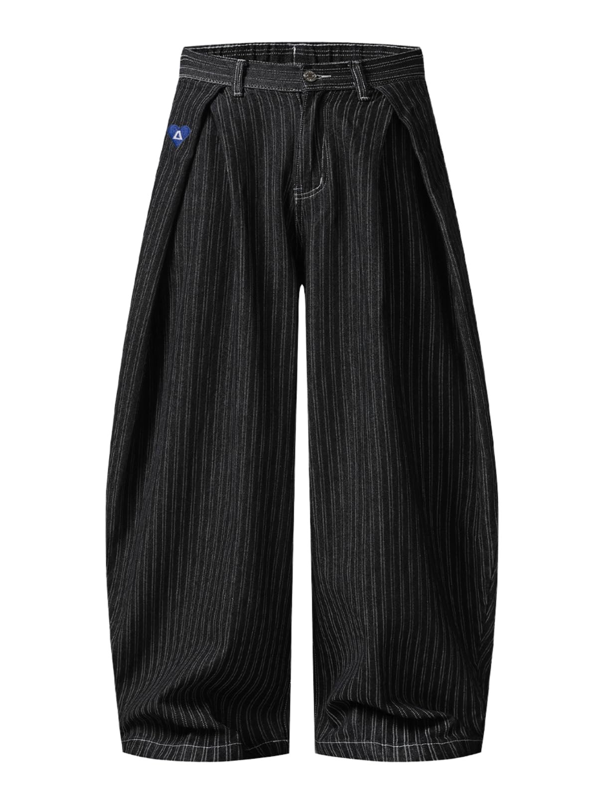 Pinstripe barrel jeans and that tiny blue heart — Aelfric Eden Pinstripe Baggy Barrel Jeans Pleated Wide Leg Denim Pants Men Women Loose Fit Streetwear Vintage Trousers