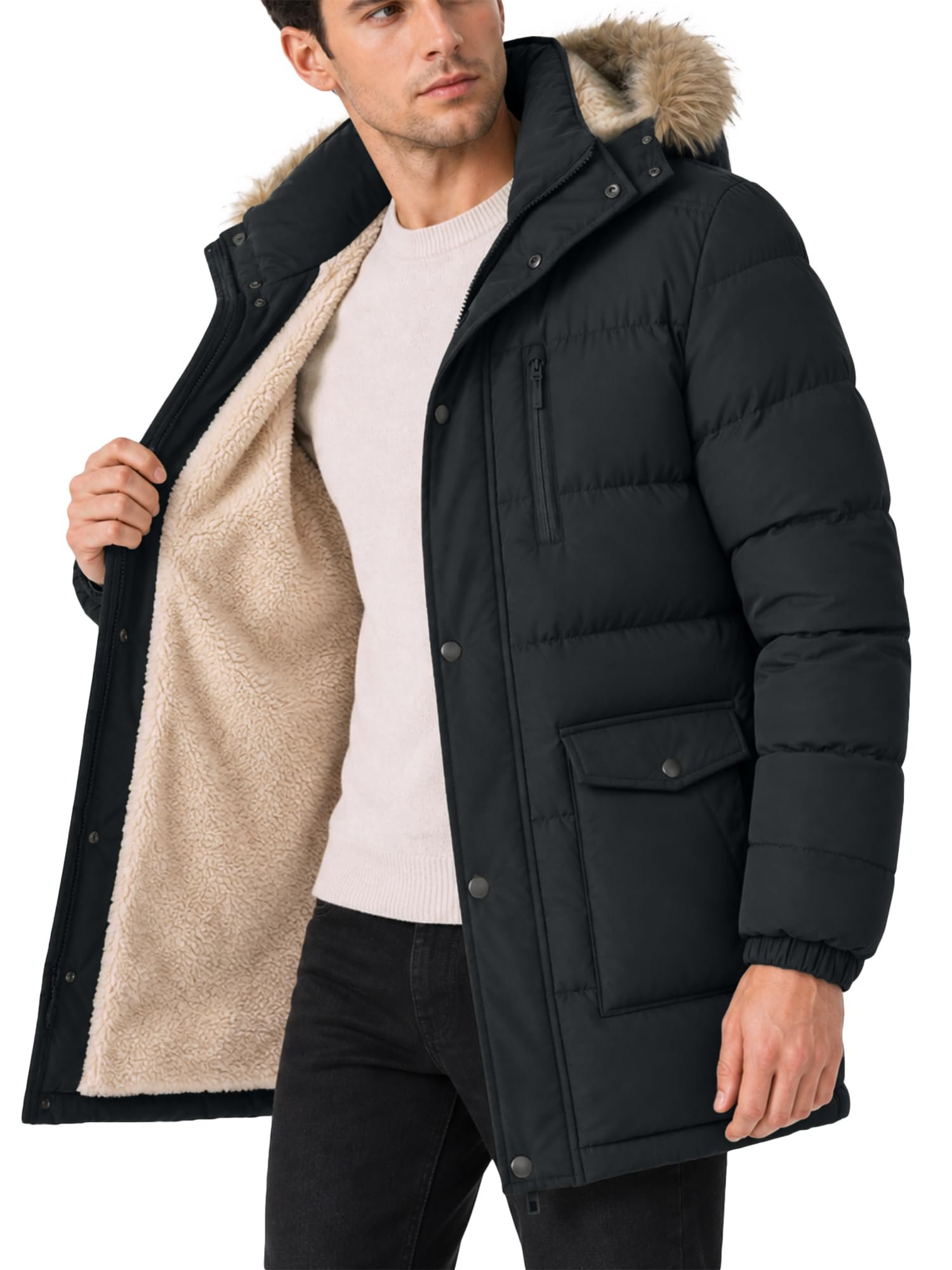 Fur hood up top, slacks down below — Geek Lighting Men's Winter Jacket with Fur Hood Sherpa Lined Thicken Parka
