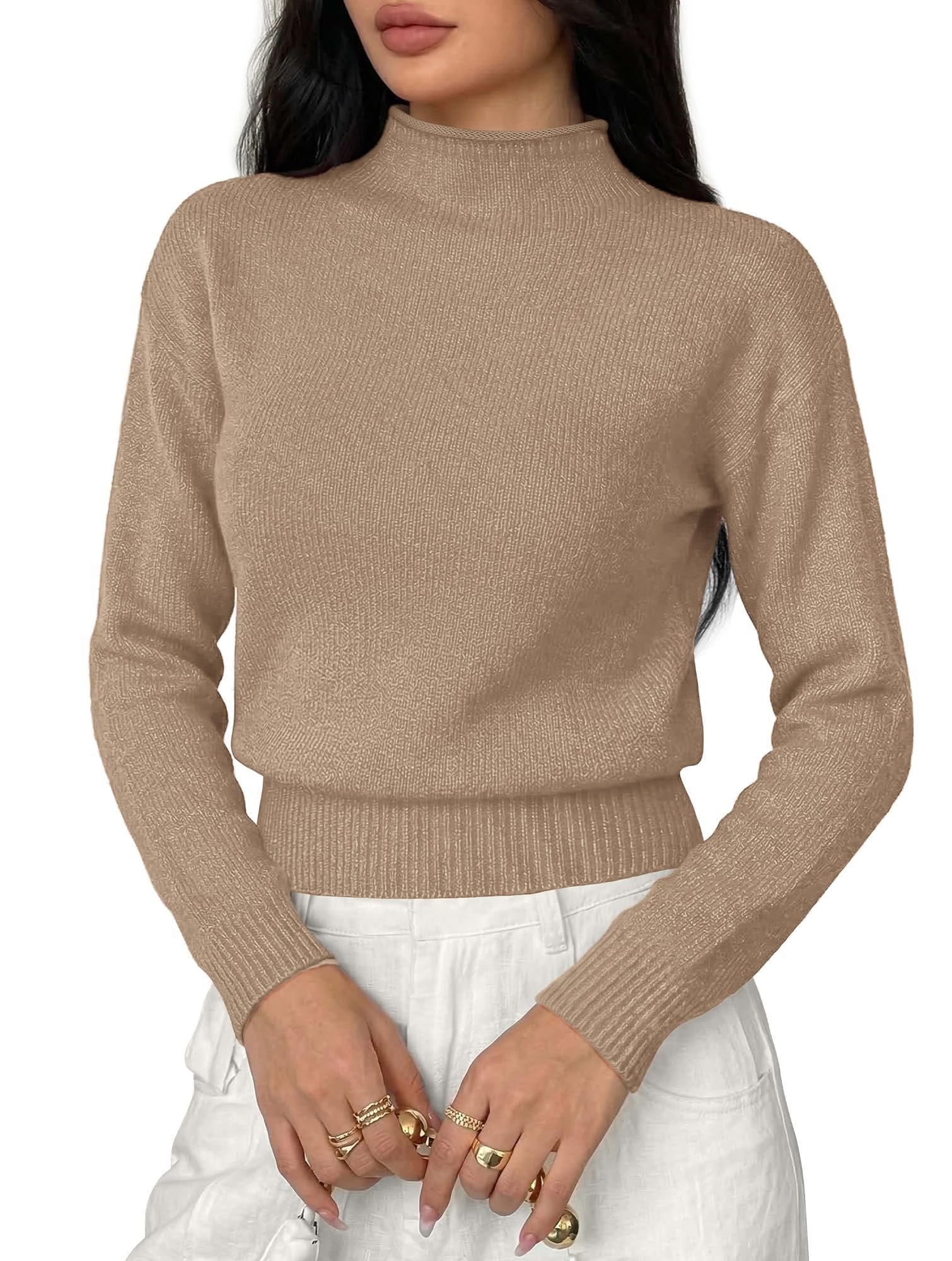 Burgundy joggers tapered to the cuffed ankle — Btfbm Women’s Long Sleeve Sweaters Mock Neck Tops