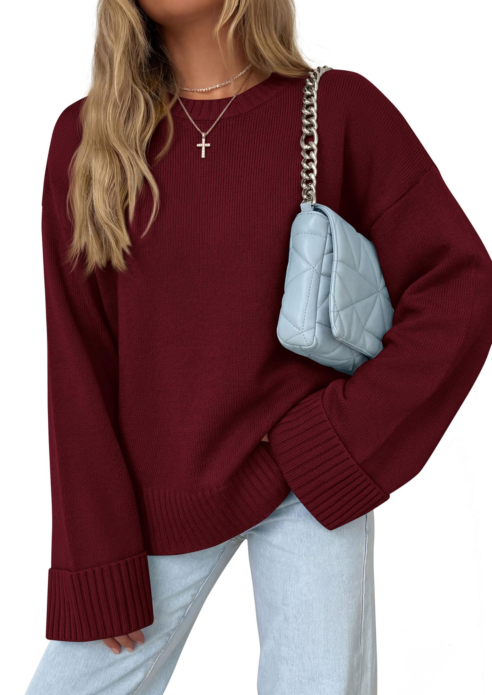 The way the shoulder seam drops low on this knit — Prettygarden Oversized Sweater Women's Crewneck Long Sleeve Tops