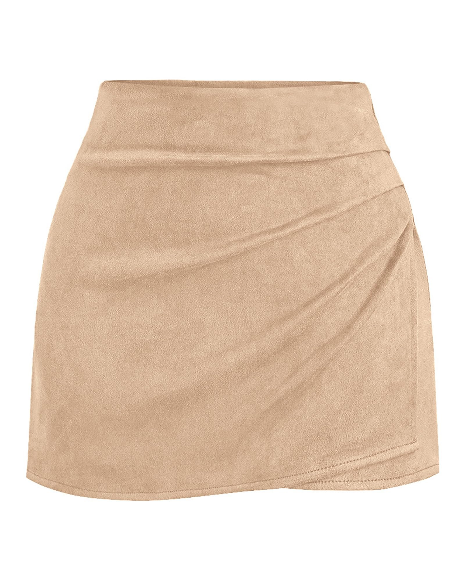 The wrap skirt drapes in a soft diagonal fold — Btfbm Faux Suede Mini Skirts for Women Ruched Wrap Skorts