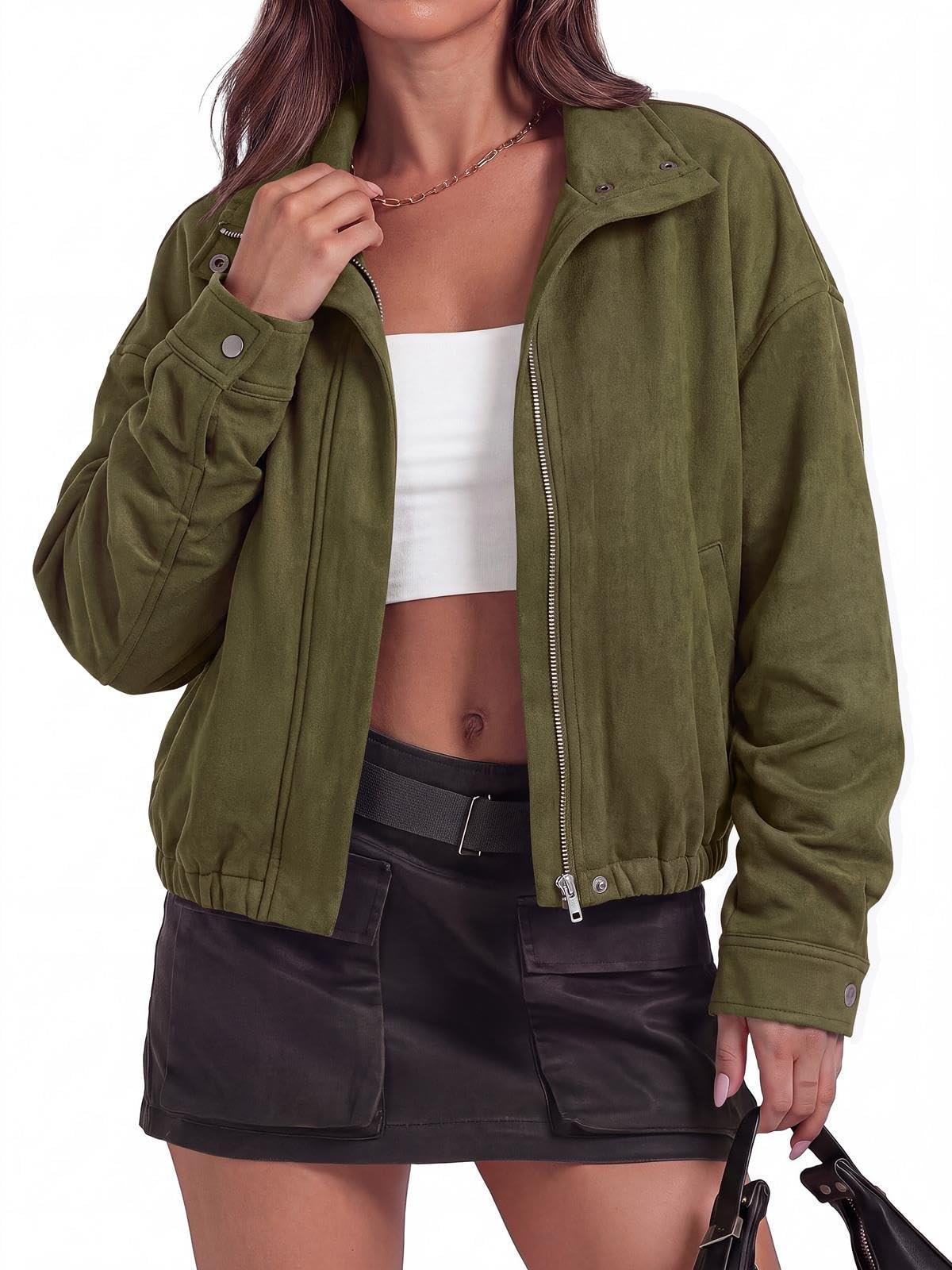 White tube top peeking under the suede bomber — Prettygarden Lightweight Faux Suede Bomber Jacket Women Coats Outerwear