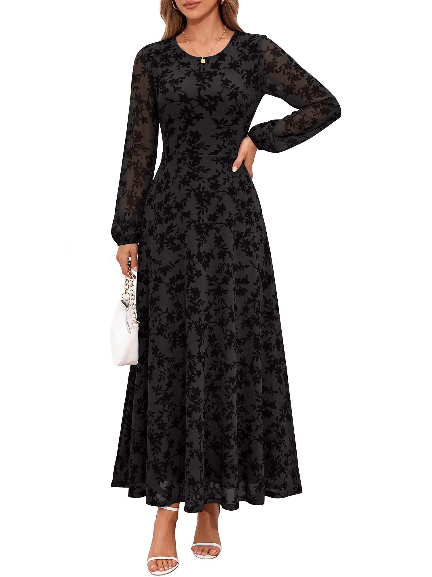 Round neckline with bishop sleeves gathering at cuffs — Btfbm Fall Wedding Guest Dress for Women Formal Floral Maxi Dresses