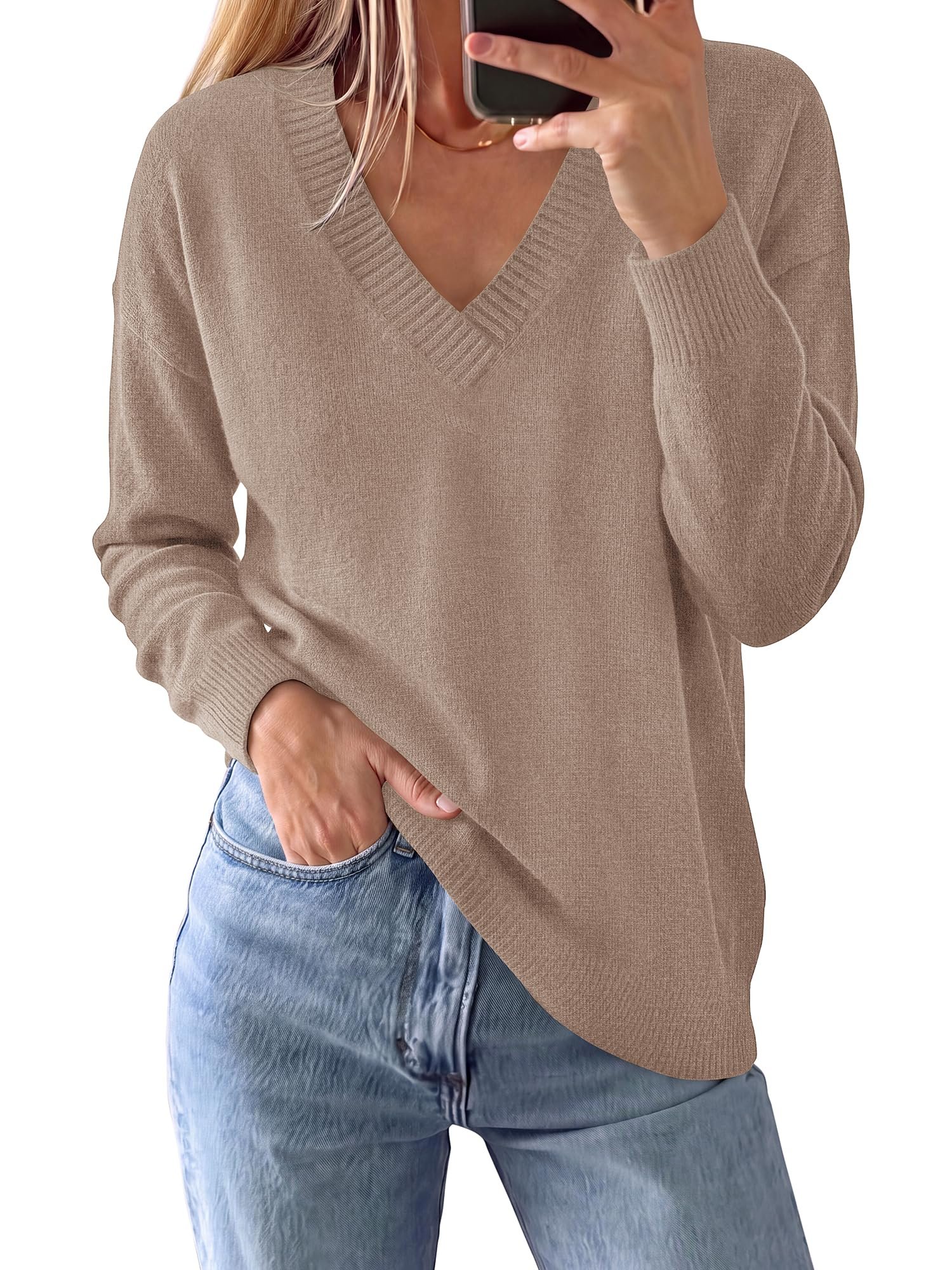 Ribbed V and cuffs on oversized taupe pullover — Btfbm Lightweight V Neck Sweaters for Women Fall Clothes 2026 Cozy Pullover