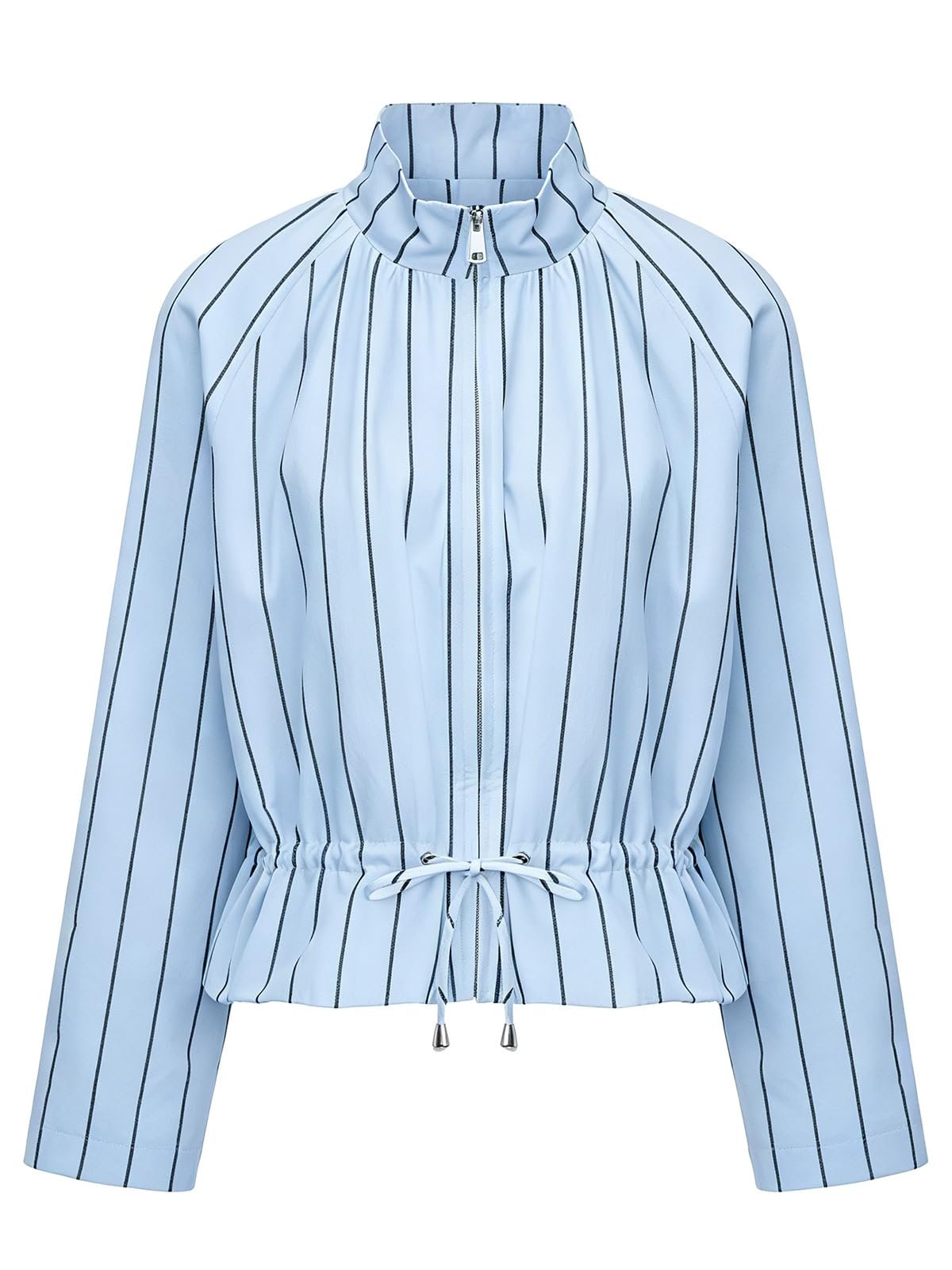 How the drawstring cinches the light blue crop — Houlengs Womens Funnel Neck Jackets Striped Lightweight Cropped Jacket