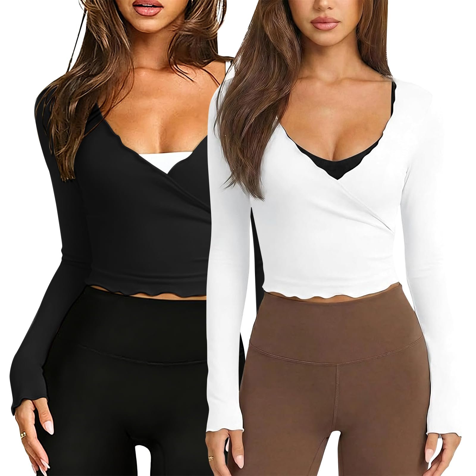 White wrap top with scalloped V-neck in art corner — Mincib 2 Pack Women Pilates Wrap Tops Tie Ballet Yoga Tops V Neck Long Sleeve Slim Fit Workout Gym Outfit
