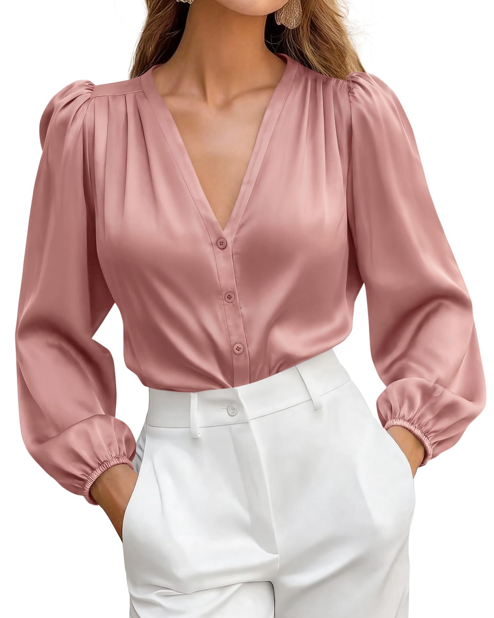 Tucked, buttoned, slightly smug about it — Btfbm Satin Blouses for Women Dressy Casual Button Down Shirts