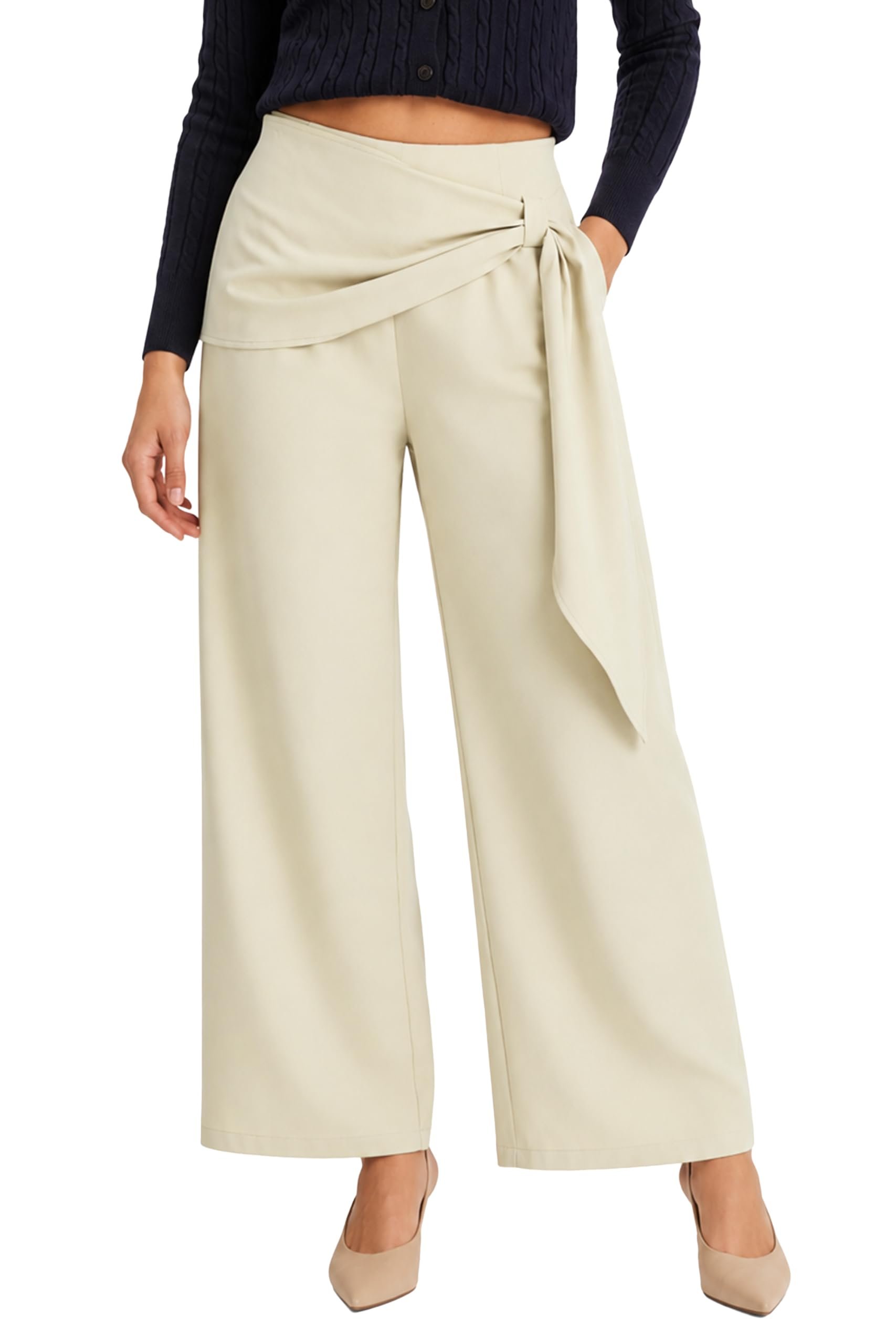 Quarter zip stopped at the chest over beige wrap pants — Orolay Dress Pants Women Elegant Wide Leg Work Pant Business Casual Outfits