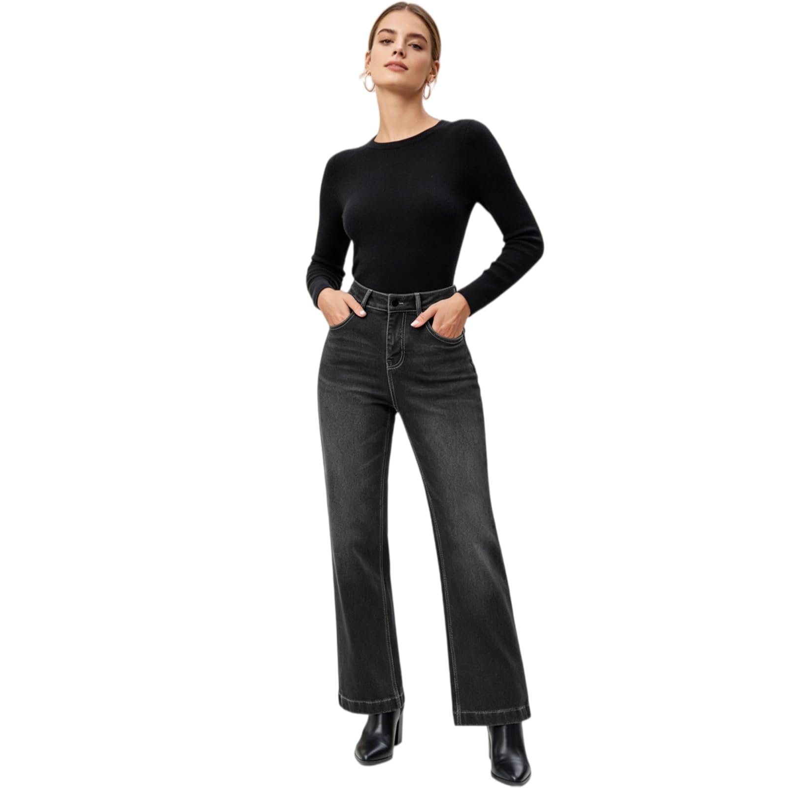 Black button and belt loops at the mid-rise waist — TimeGofate Women's Mid-Rise Stretch Straight-Leg Jeans, Classic Pure Black Jeans, for Everyday Casual and Work Wear