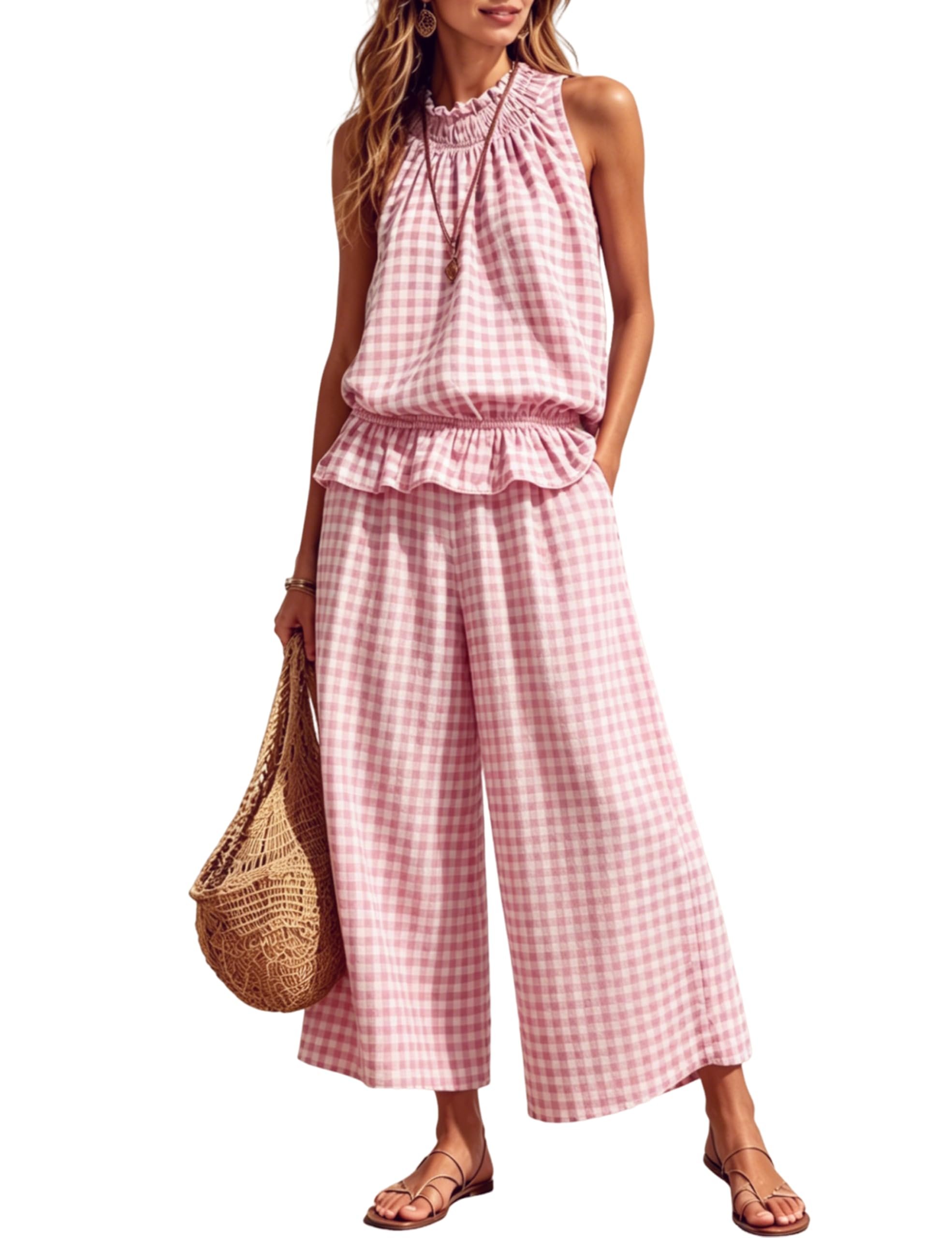 Closet called. Wide-Leg Pants picked up — Tanming Women's 2 Piece Set Outfits Gingham Plaid Sleeveless Ruffle Top Wide Leg Pants Summer Casual Beach Vacation Sets