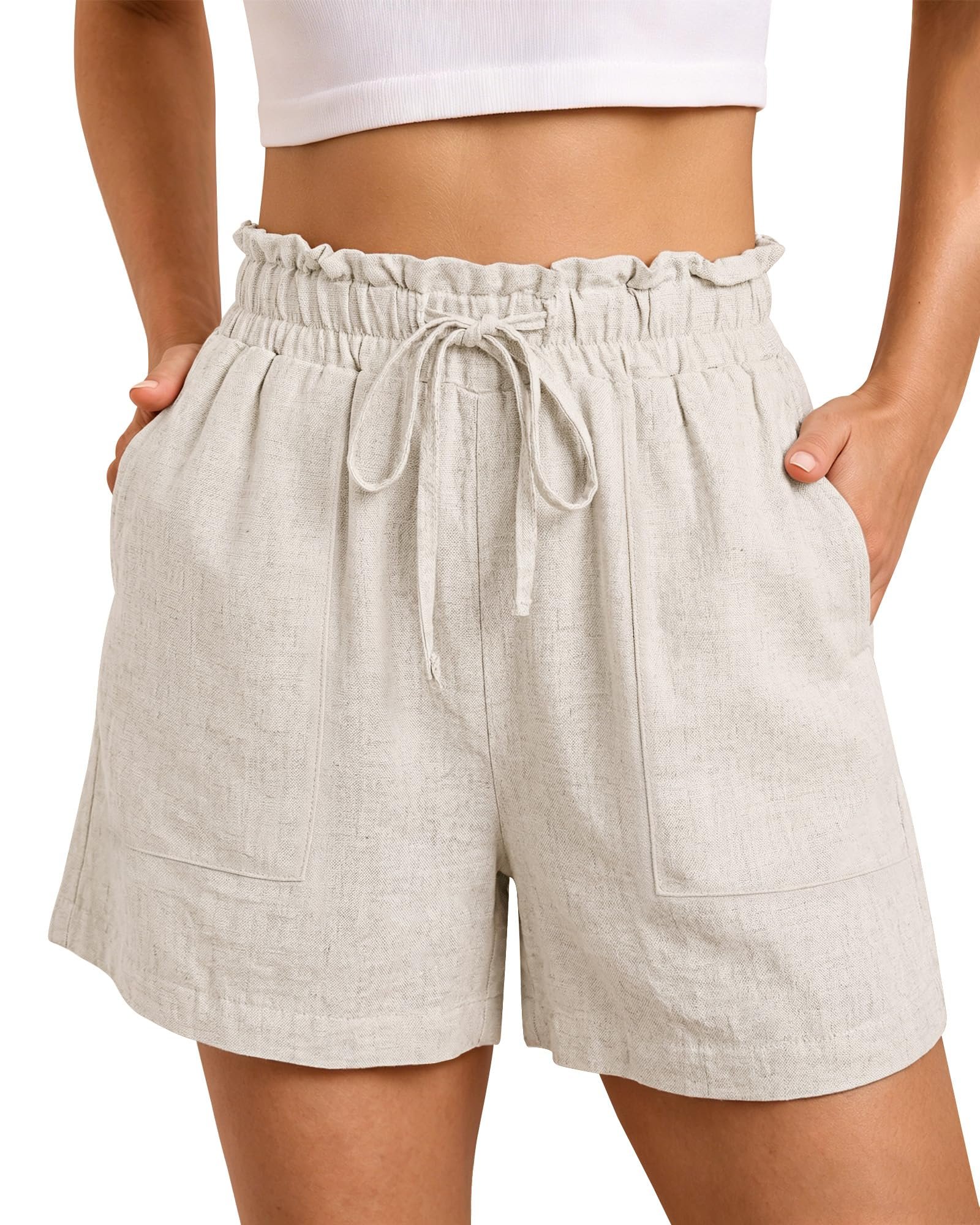 Moss bomber left open over white tube top — Luvamia Women Linen Shorts Casual Summer Elastic High Waisted Pull On Wide Leg Drawstring Beach Vacation Shorts with Pockets