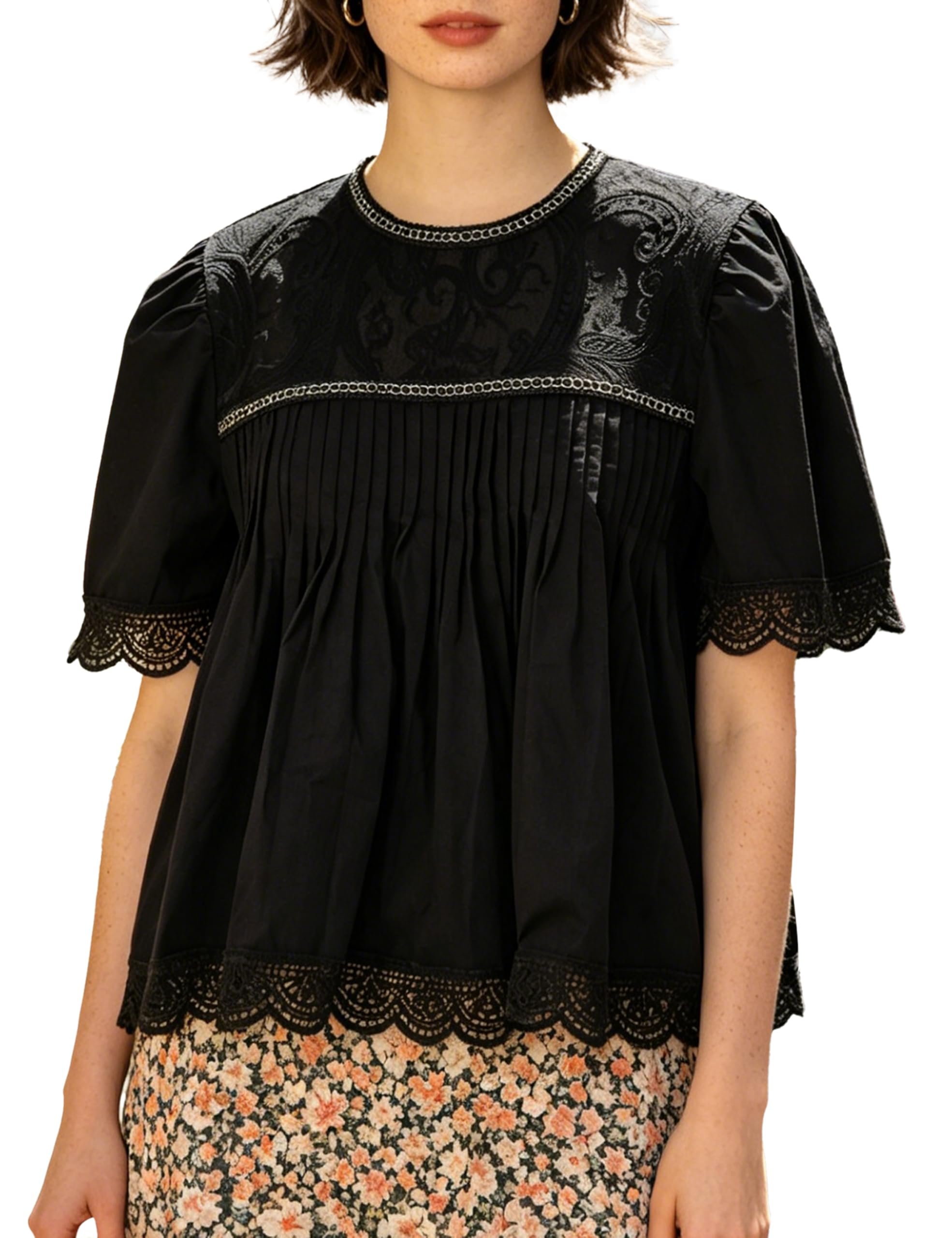 Shorts are doing the most, politely — Mostrend Women's Vintage Hand Crochet Lace Blouses Floral Embroidery Pleated Swing Tops Puff Short Sleeve Loose Pullover