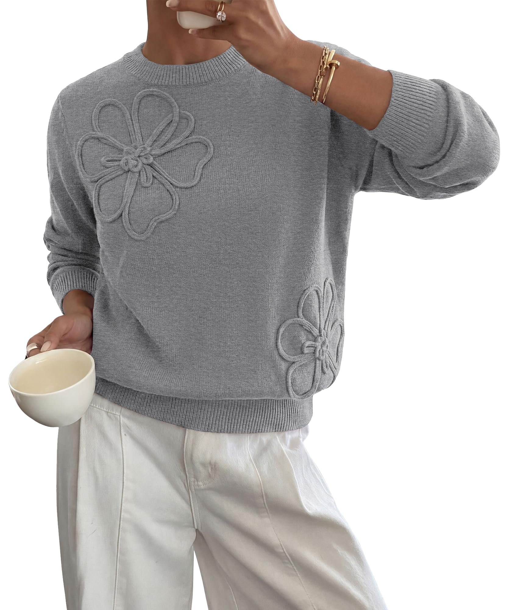 The little second flower tucked near the hem — Btfbm Womens Sweaters Cute Floral Long Sleeve Tops