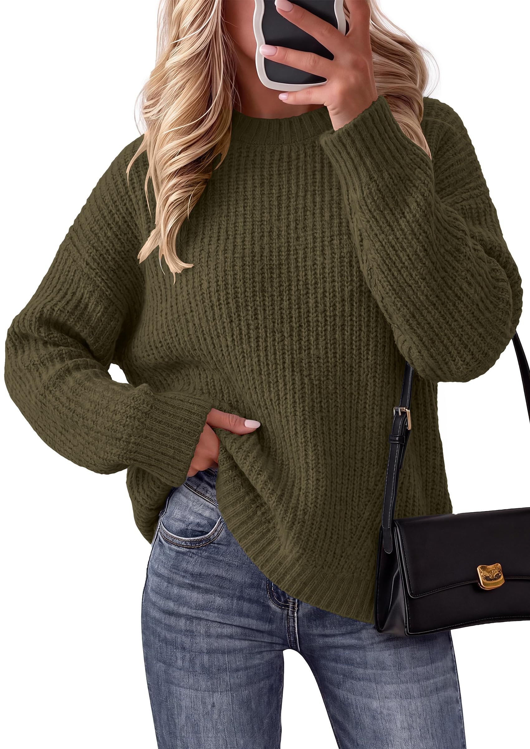 Oversized olive knit falling over charcoal shorts — Prettygarden Womens Long Sleeve Ribbed Knit Oversized Sweaters Fall Fashion