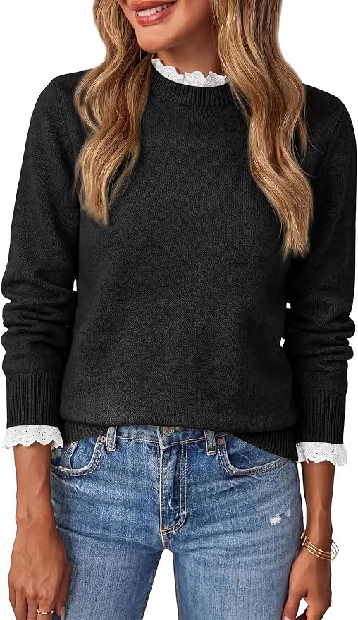 The black knit meets the red sequin mini — Btfbm Womens Sweaters Long Sleeve Crew Neck Lightweight Lace Sweater 2026 Fall Casual Loose Fit Solid Pullover Jumper Tops