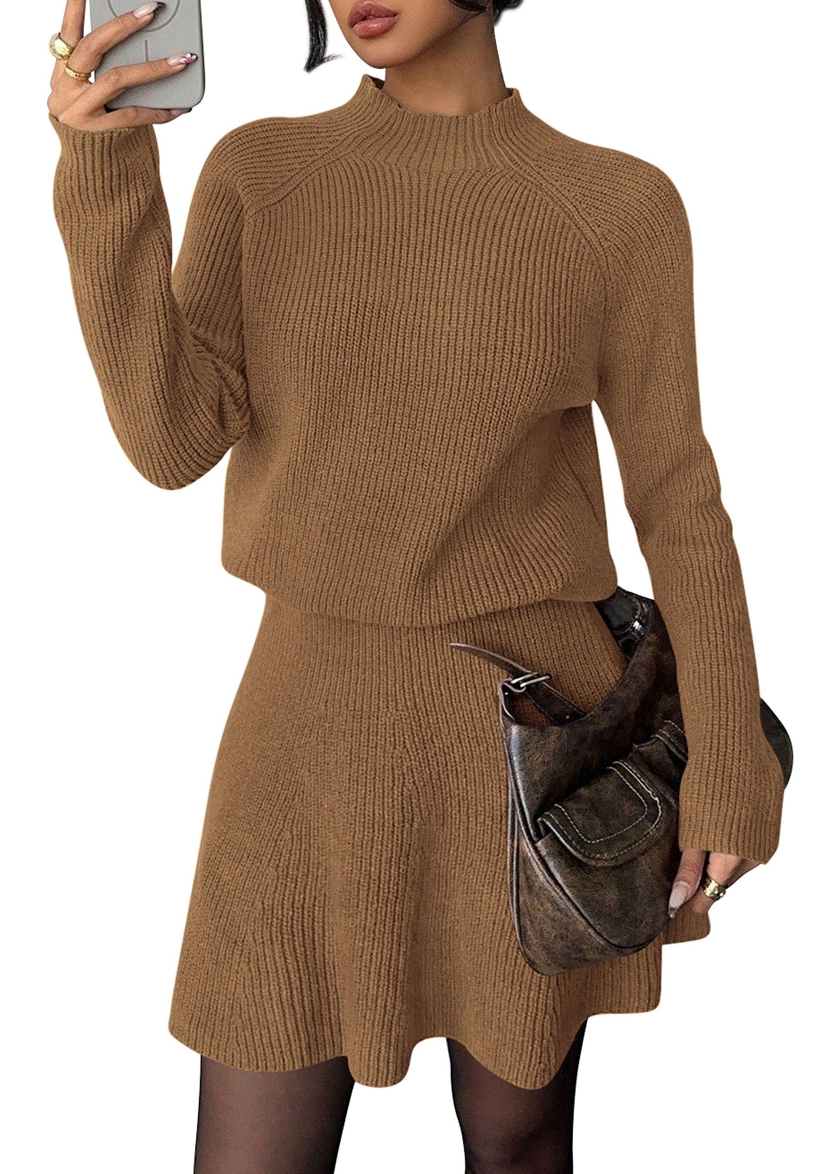 Raglan lines from the mock neck down — Prettygarden Women's Fall 2 Piece Outfits Matching Sweater Skirt Sets