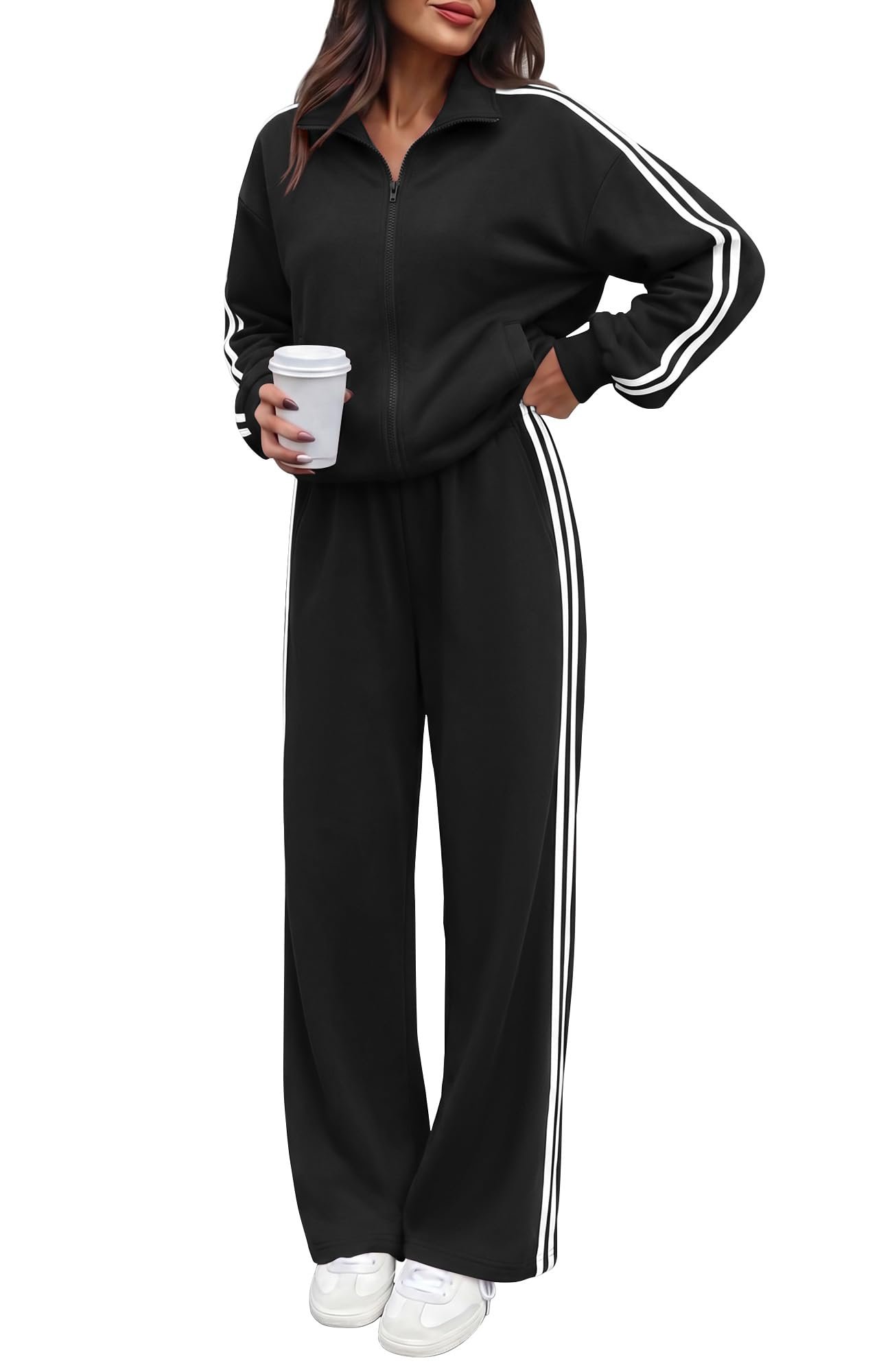 Black zip jacket showing the stand collar and front zip — Btfbm Workout Sets For Women 2 Piece Outfits Fall 2026