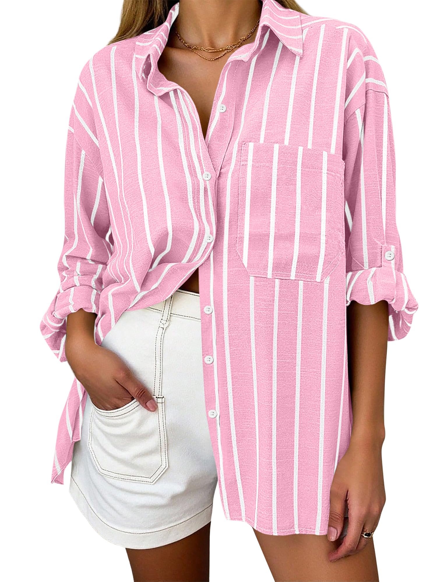 Pink vertical stripes and the chest pocket on the left — Kirundo Striped Oversized Button Down Shirts for Women Casual Fall Blouses