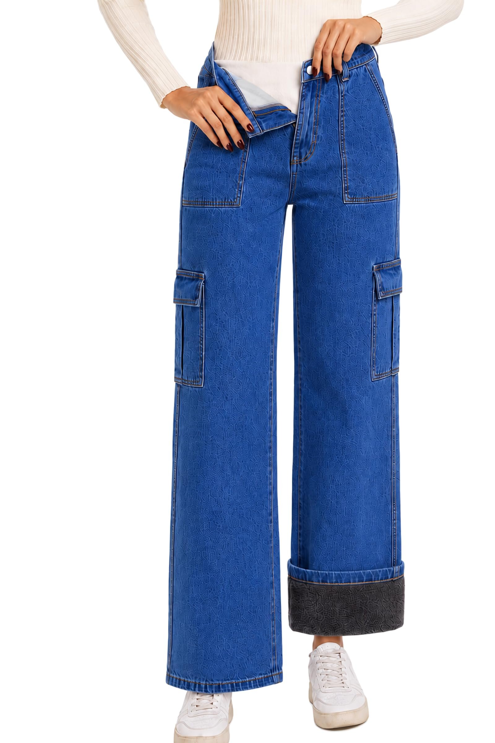 Tonal paisley jacquard covering the cargo jeans — Inno Fleece Lined Jeans for Women Cargo Denim Pants 28