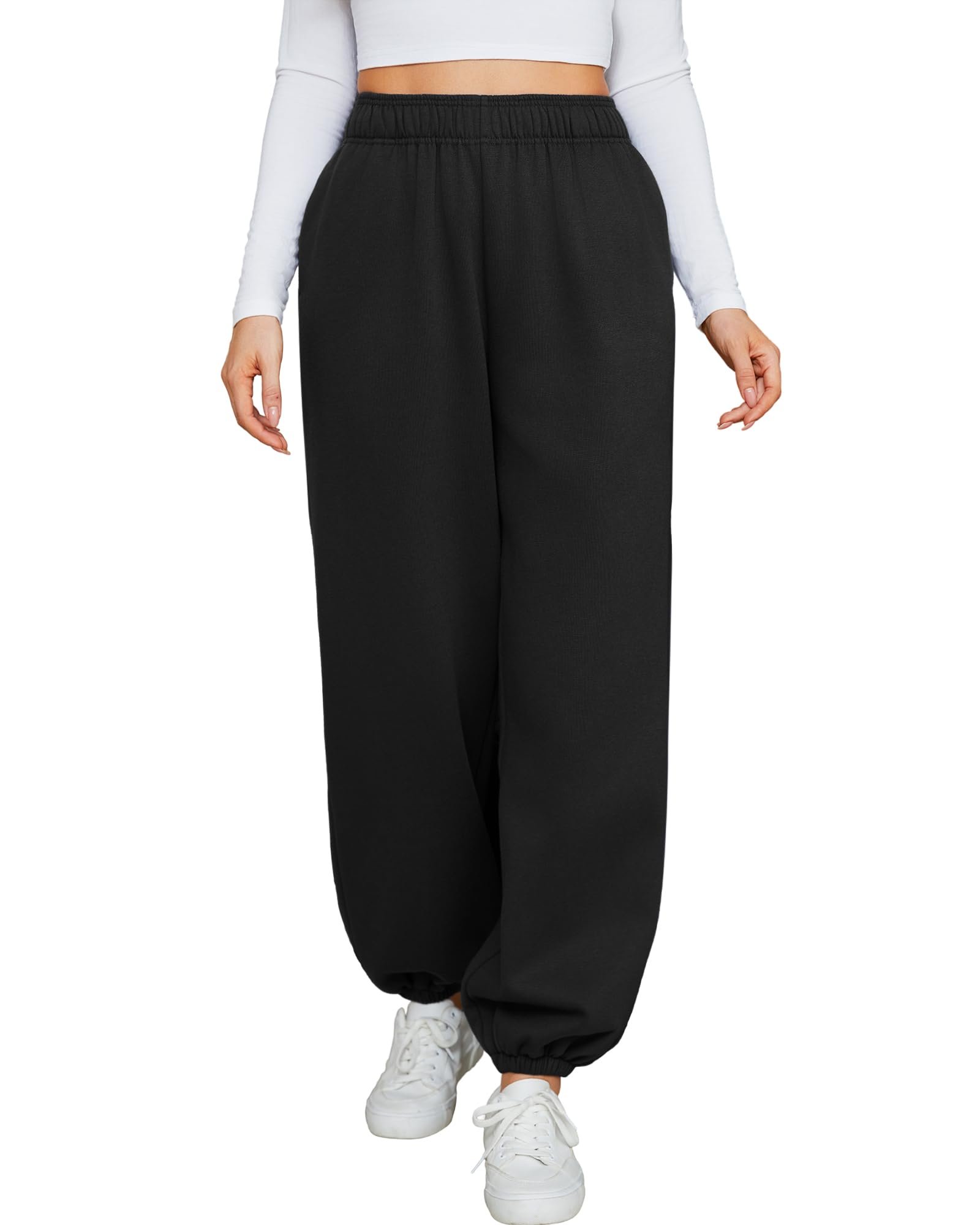 Elastic waist shirred above the joggers — Qilora Sweatpants Women High Waisted Fleece Inner Drawstring Baggy Joggers