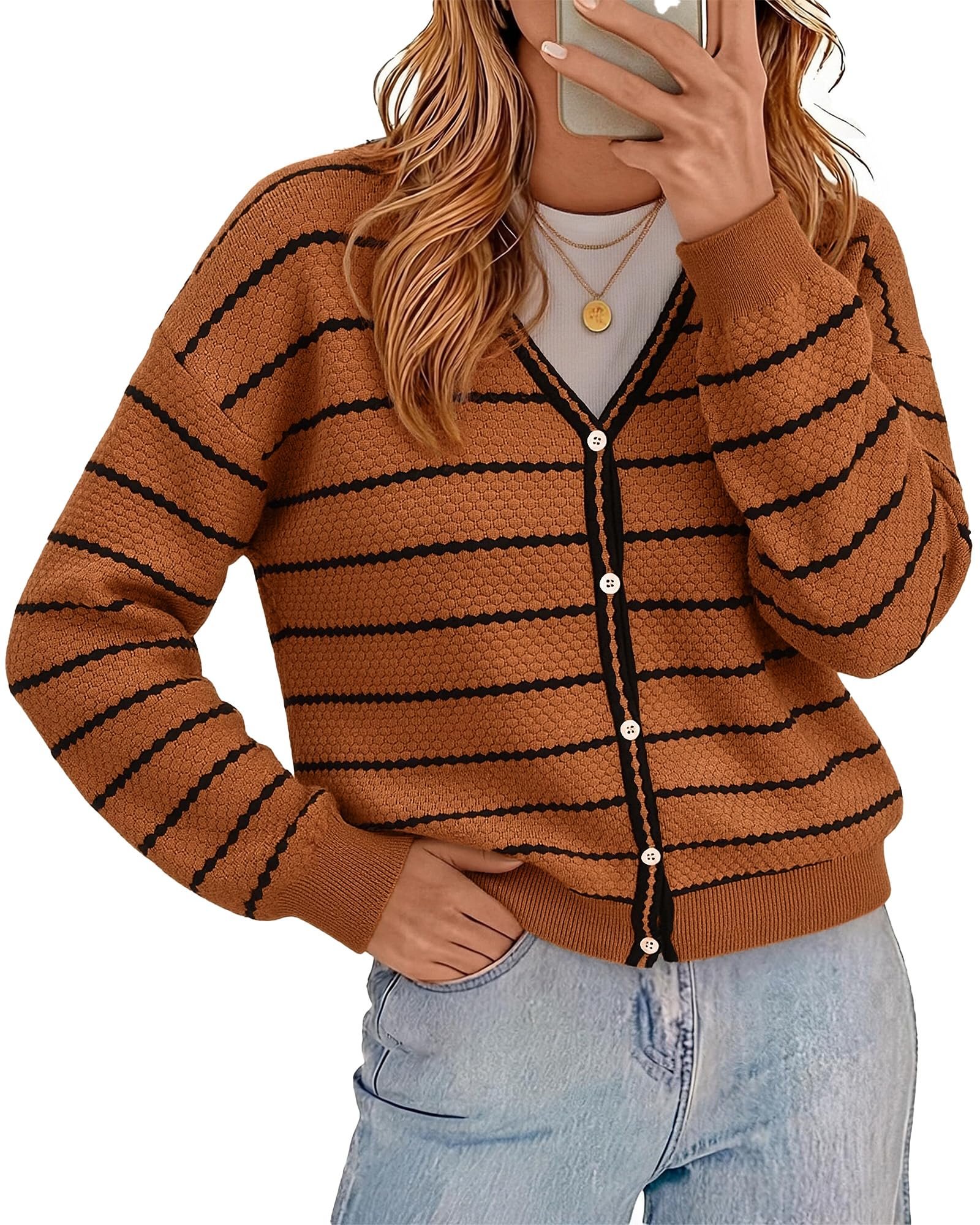 Stripes on top, drama below — Qilora Womens Striped Cardigan Sweaters Trendy Button Down Casual Knit Tops