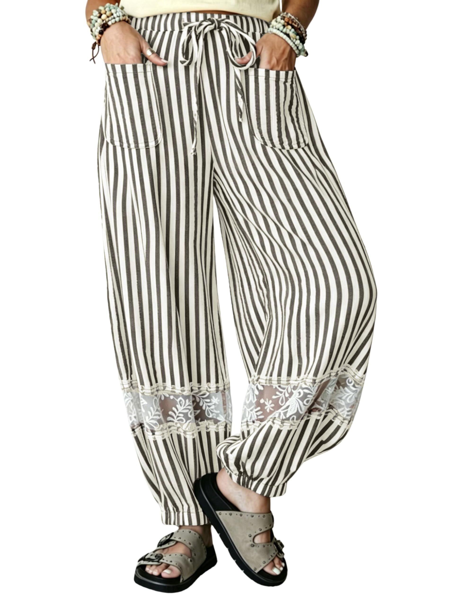 The drawstring made the call this morning — Yeokou Women Striped Harem Pants Lace Patchwork Drawstring Casual Trousers