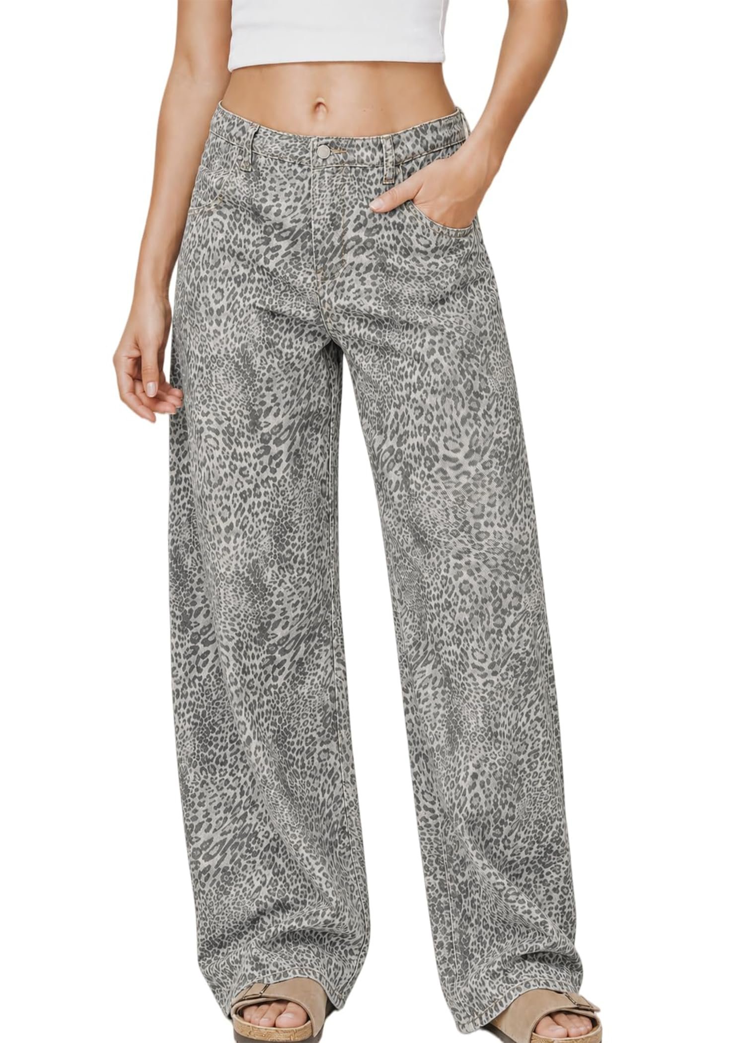 Shirt walked into a closet and raised the bar — Ppone Cheetah Print Pants Leopard Pants for Women Baggy Wide Leg Jeans