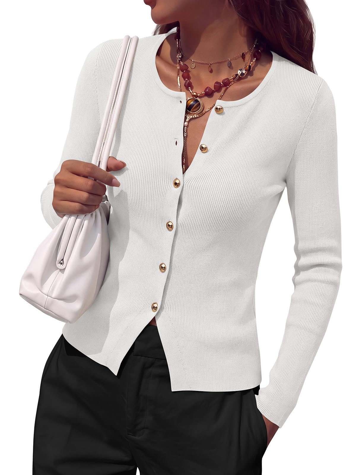 The notched hem over the high smocked waistband — Prettygarden Long Sleeve Button Front Cardigan Sweaters for Women Fall Tops