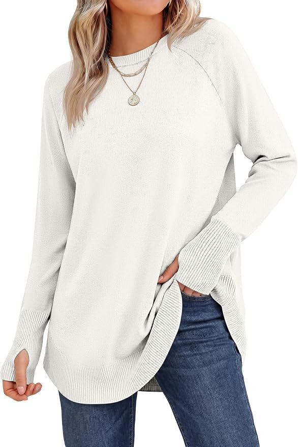 Wide-leg corduroys with ruffle hems at the sneakers — Anrabess Womens Fall Long Sleeve Lightweight Sweaters
