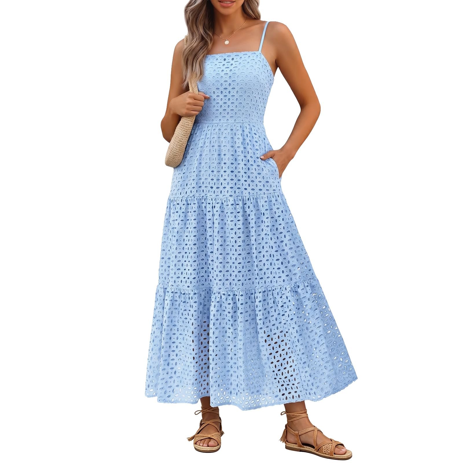 Sleeveless, and suddenly very brave — Waist Wow Womens 2026 Summer Maxi Dress Casual Hollow Out Eyelet Dresses Sleeveless A Line Long Sundress Flowy Beach Dress