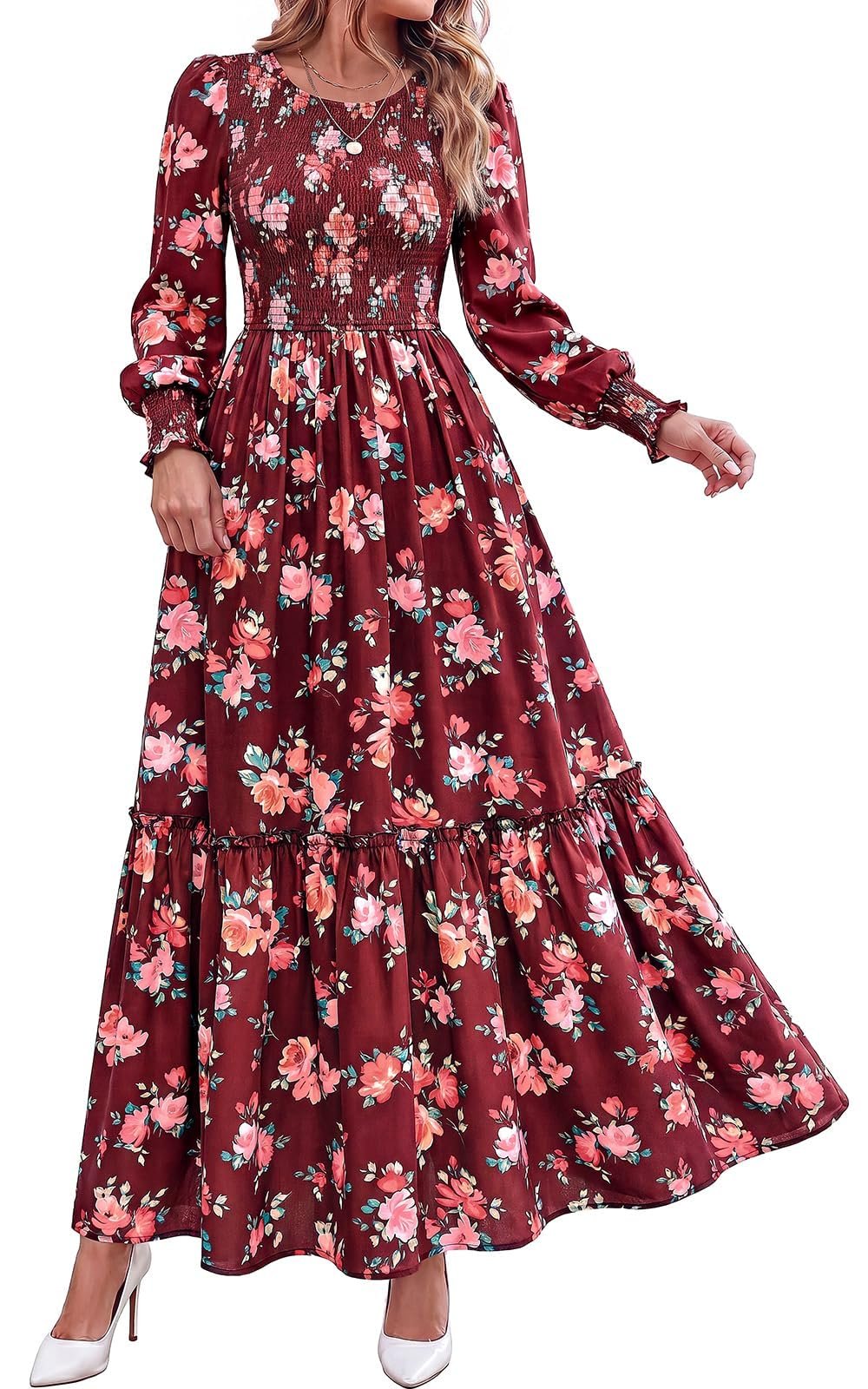 Pink roses scattered across the wine red dress — Prettygarden Womens Long Sleeve Floral Casual Fall Dresses with Pockets