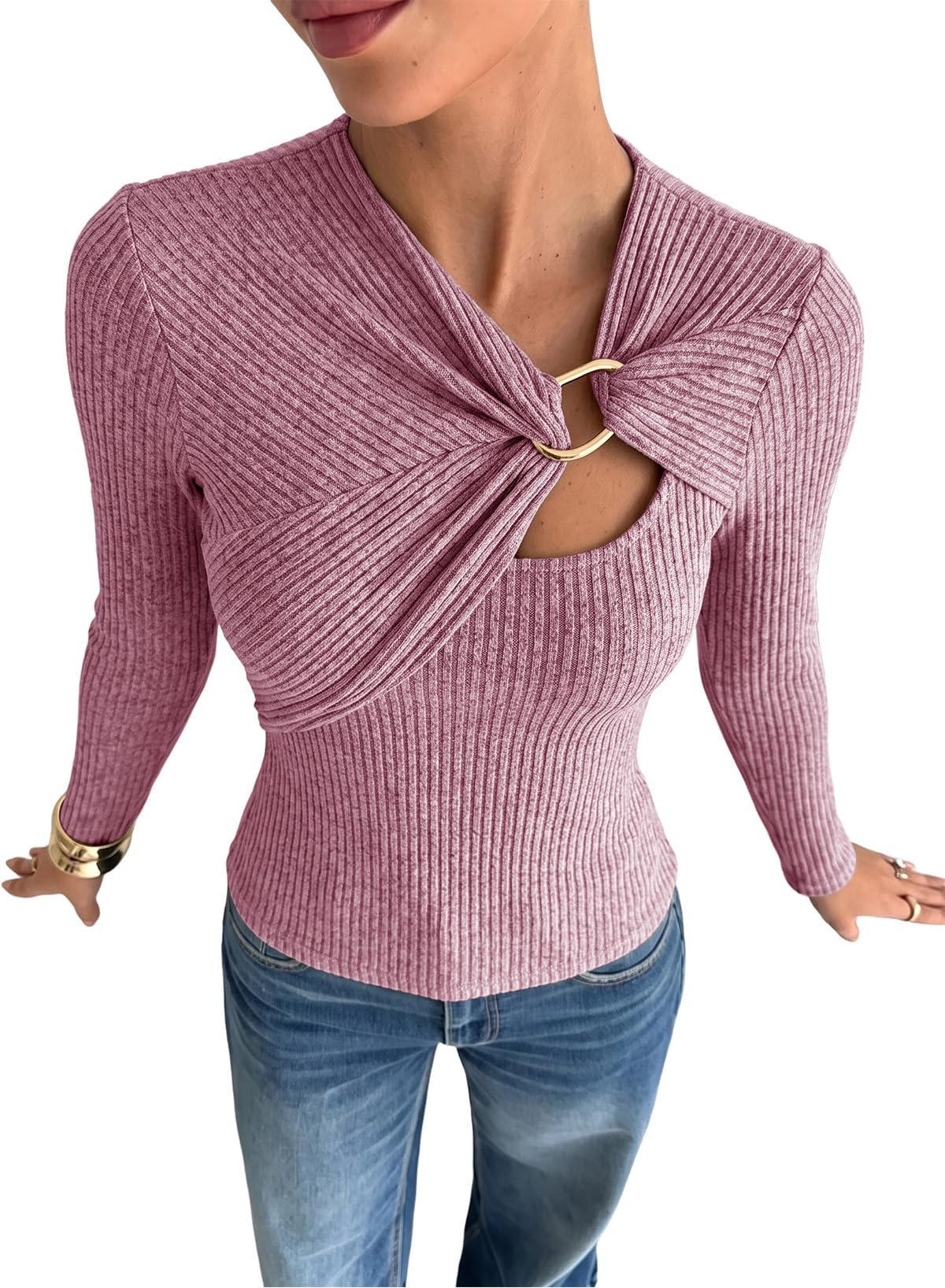 High low mesh falling longer at the sides — Dokotoo Womens Long Sleeve Shirts Asymmetrical Twist Neck Going Out Tops