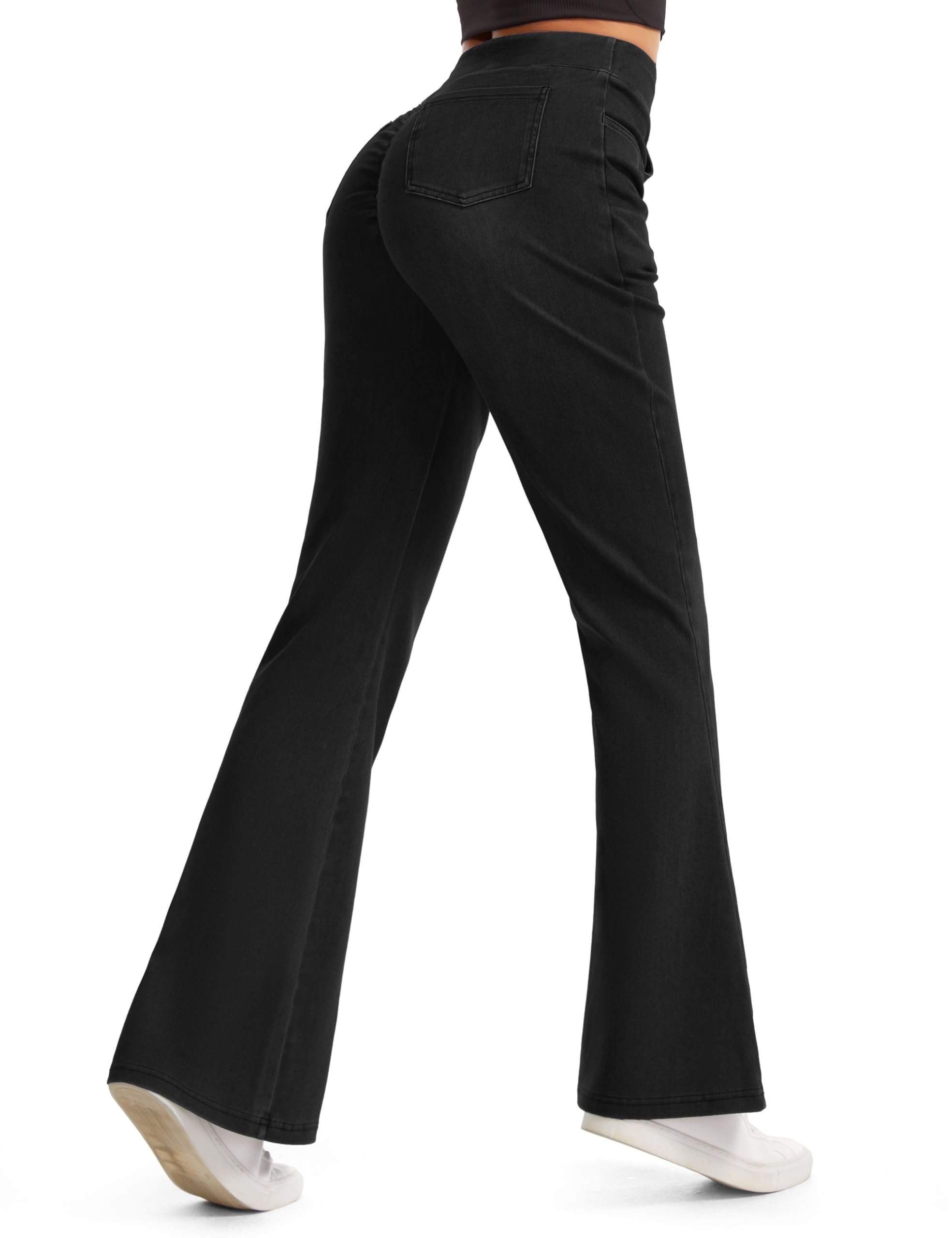 Black flare jeans flaring over white sneakers — The Gym People Women's Booty Lifting Flare Jeans Bell Bottom Jeggings Pants