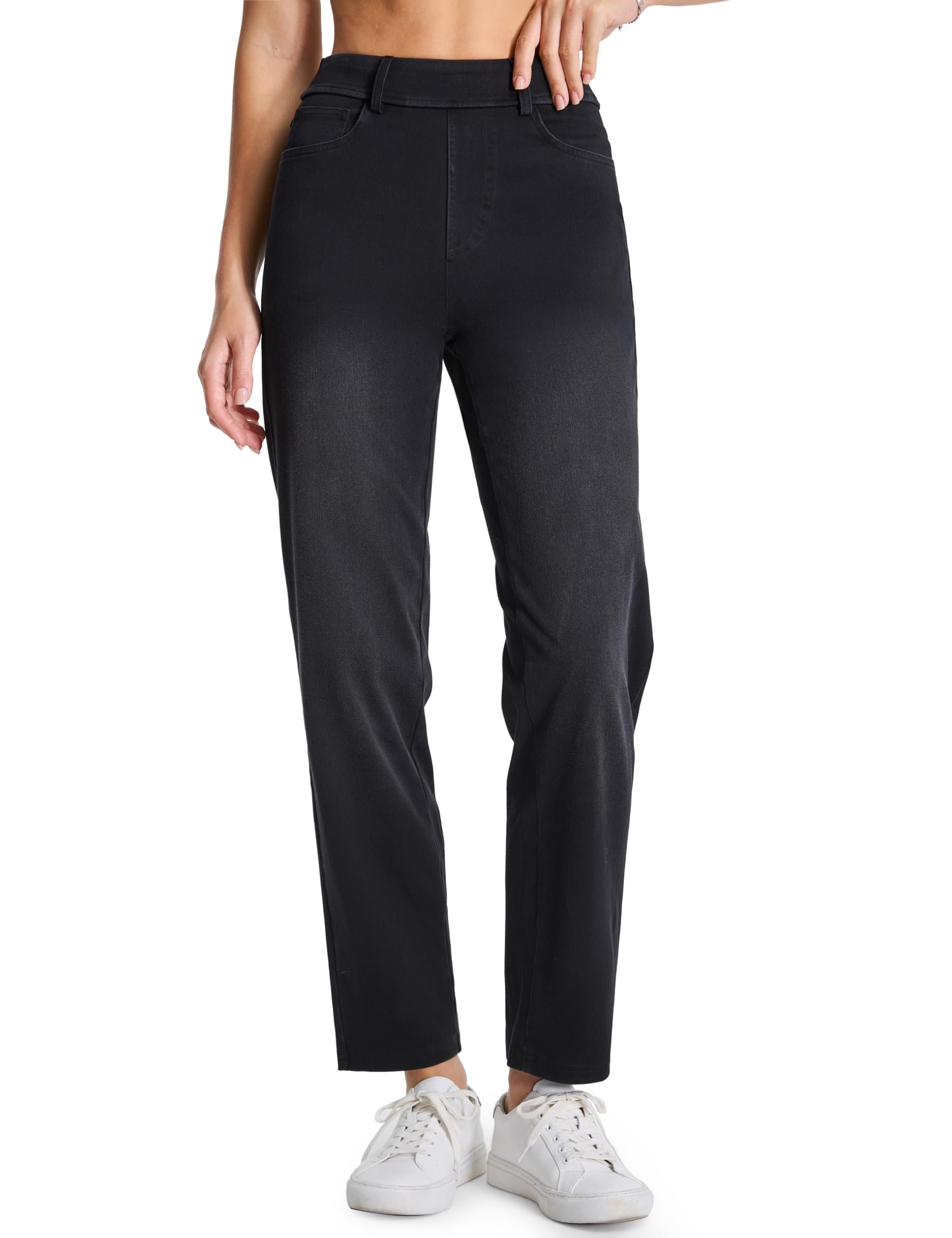 Pointelle diamonds running vertically down front — The Gym People Women's Straight Leg Jeans Pull On Stretchy Denim Pants