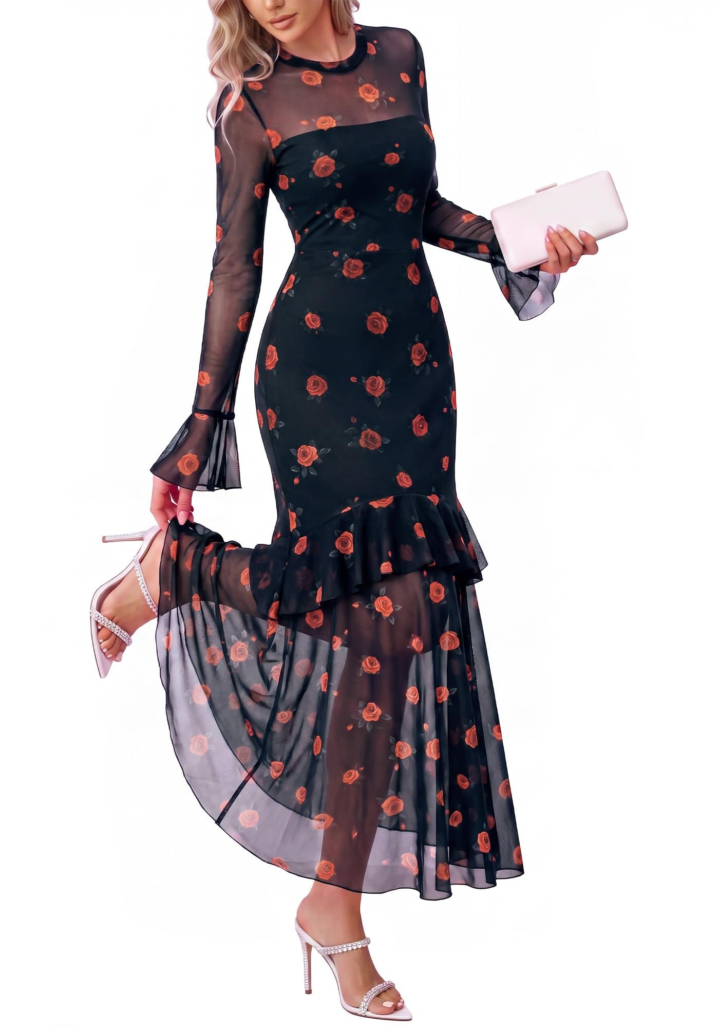 Sheer sleeves and the mermaid hem in the record nook — Btfbm Fall Wedding Guest Dress Long Sleeve Maxi Dresses for Women