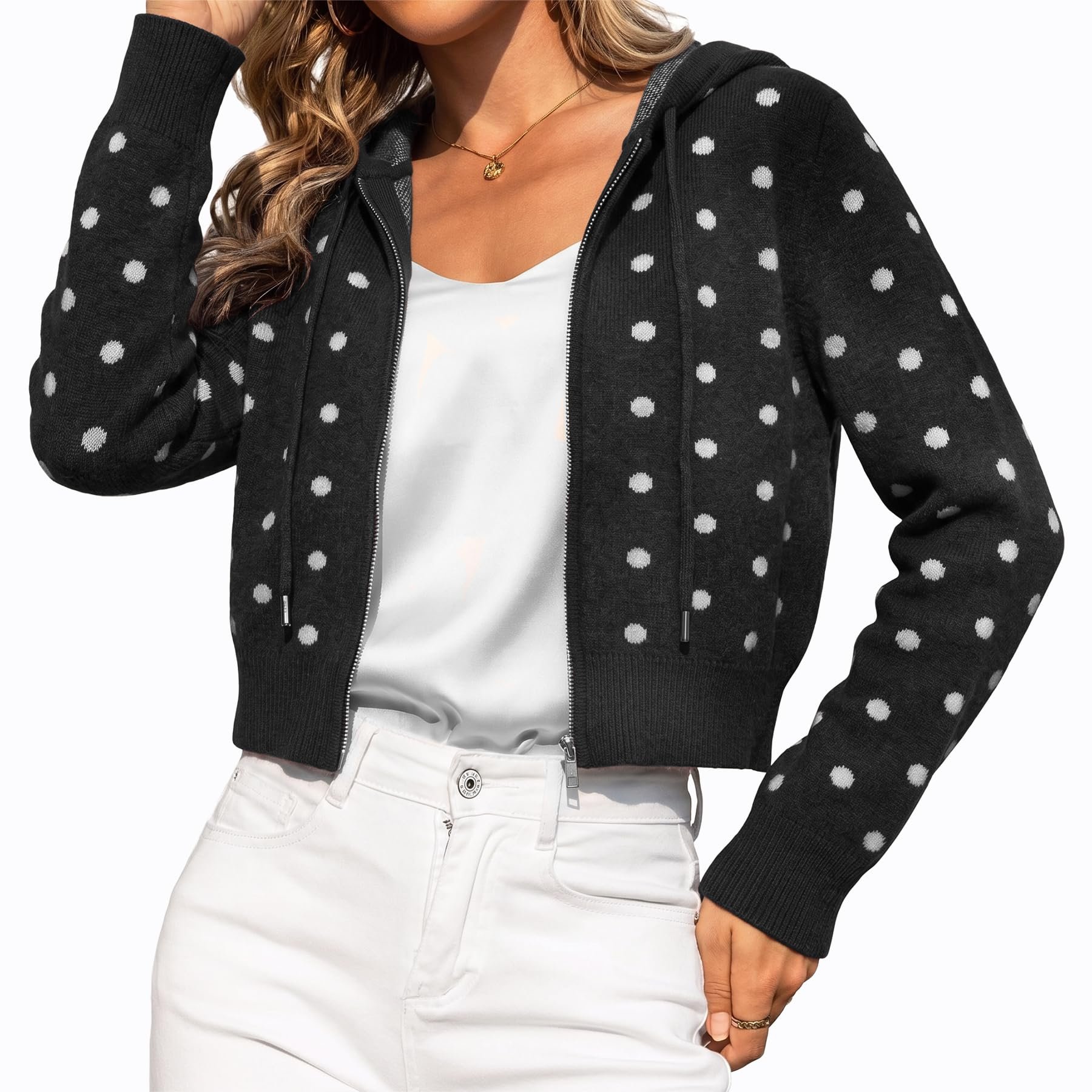 Brown knee boots under the scalloped corduroy hem — Fomely Polka Dot Zip Up Sweater Jacket for Women Hooded Cardigan Hoodie