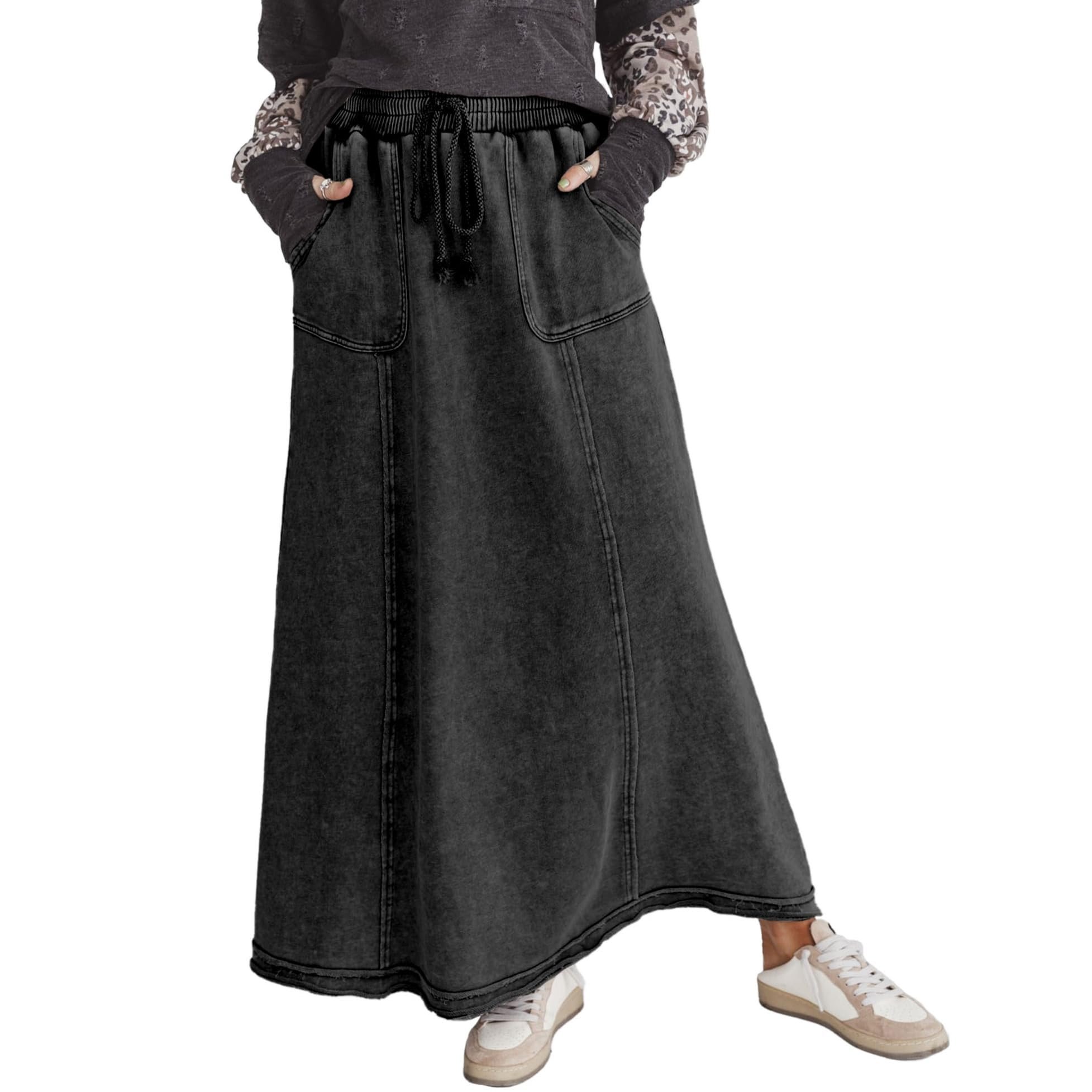 Brown ribbed crewneck tucked into that acid wash maxi — Cubridge High Waist Maxi Skirt Acid Wash Cotton Maxi Skirt Boho Skirts