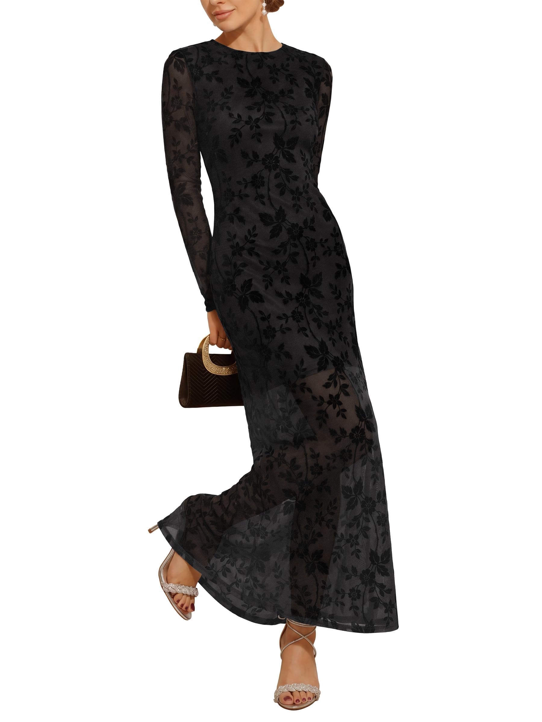 Black flocked florals over sheer mesh sleeves — Caracilia Womens Wedding Guest Long Sleeve Floral Bodycon