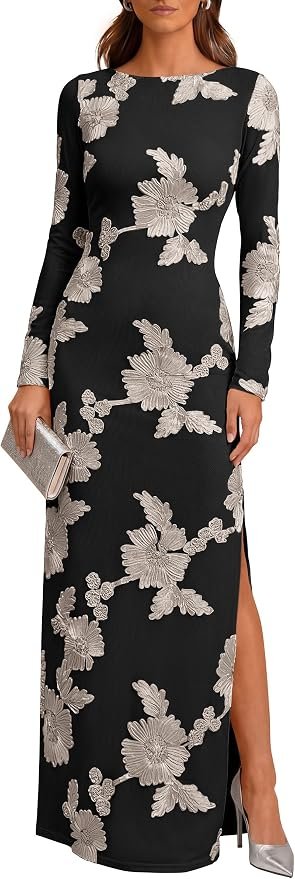Sage walls behind the long-sleeve floral maxi — Caracilia Fall Wedding Guest Dress Long Sleeve Floral Maxi Cocktail Dresses