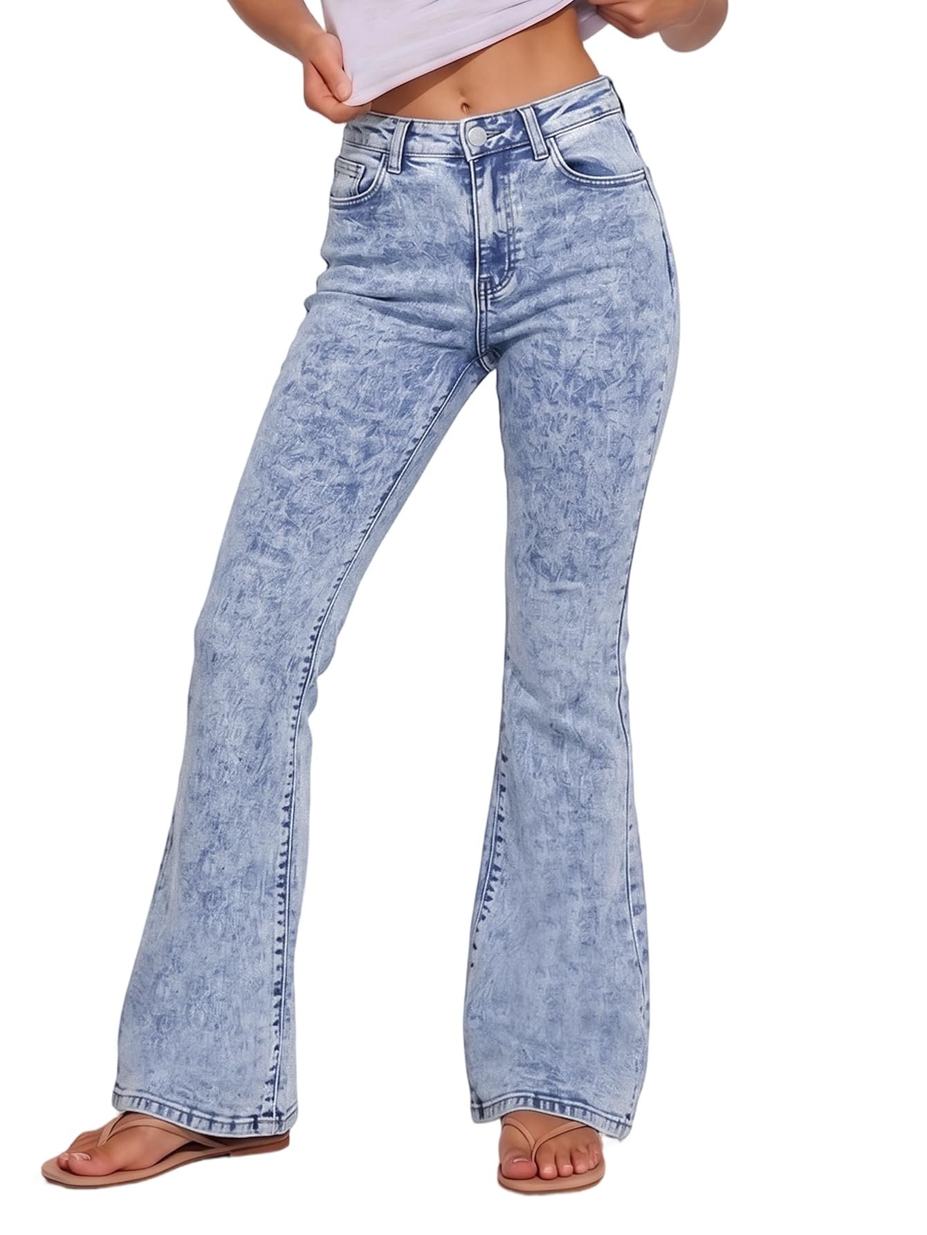 Light acid wash flare that flares from the knee — Gilipur Womens High Waisted Flare Jeans Stretchy Bell Bottom Jeans Skinny Bootcut Denim Pants Y2K Streetwear