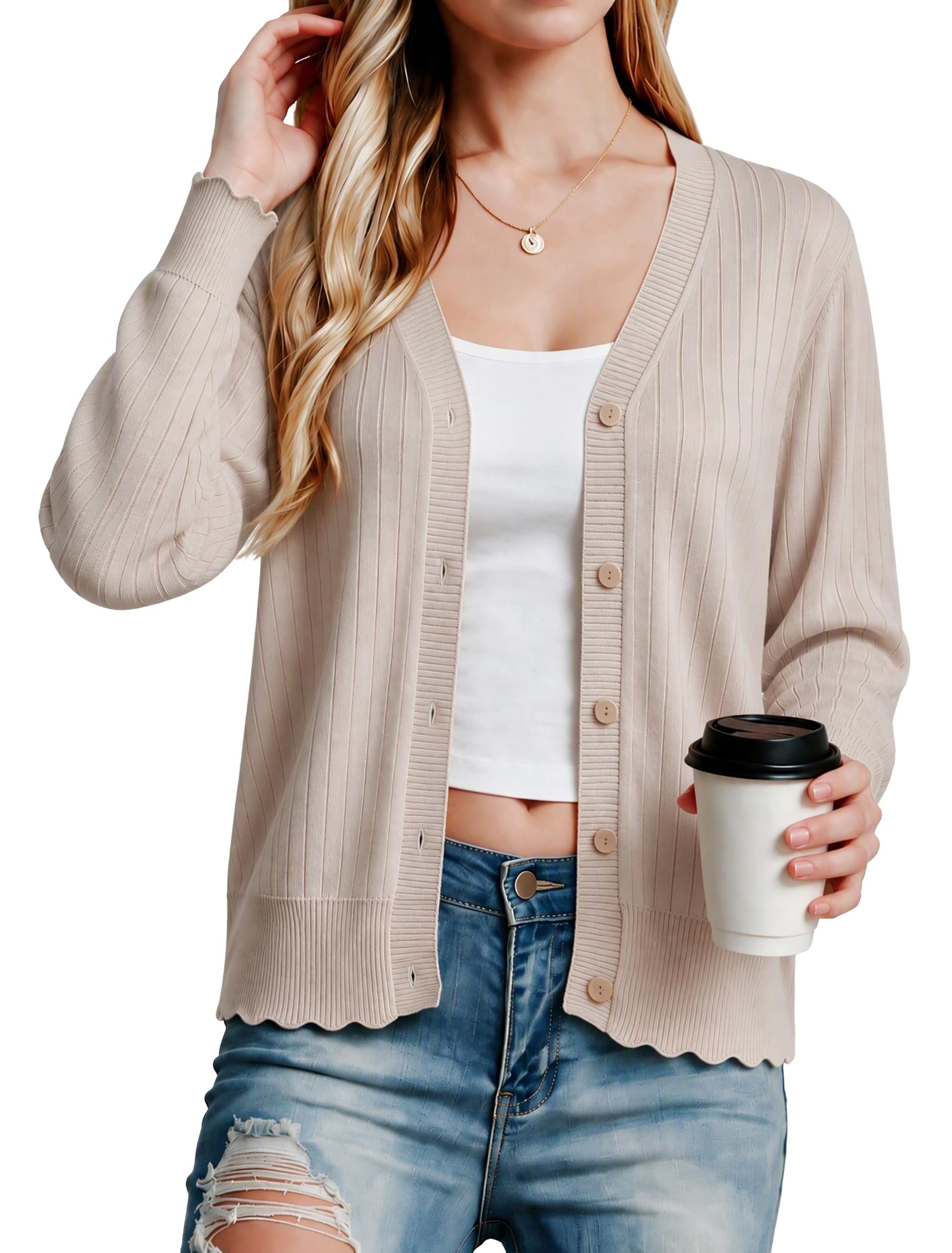This oatmeal cardigan's scalloped edges caught my eye — POINTogo Womens Long Sleeve Knit Cardigan Sweaters Lightweight Casual Fashion Button Down Fall Outfits