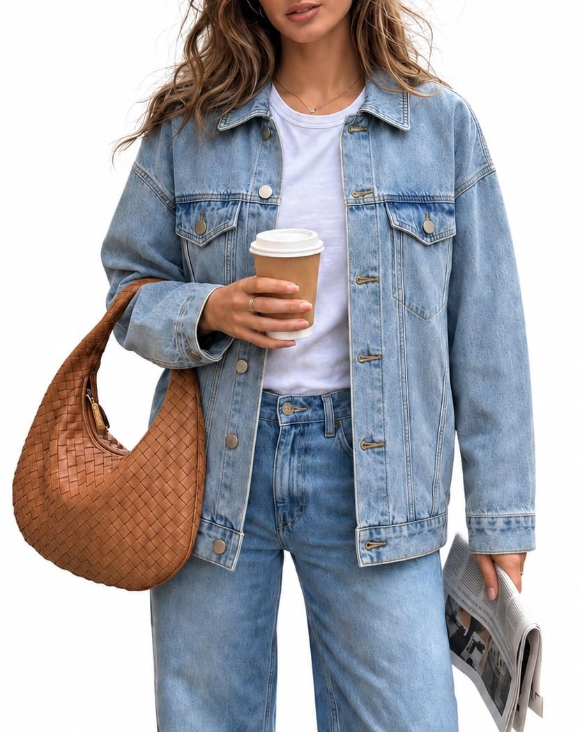 Point collar and boxy hem sitting loose — Eisengrid EISENGIRD Women's Oversized Denim Trucker Jacket with Chest Pockets