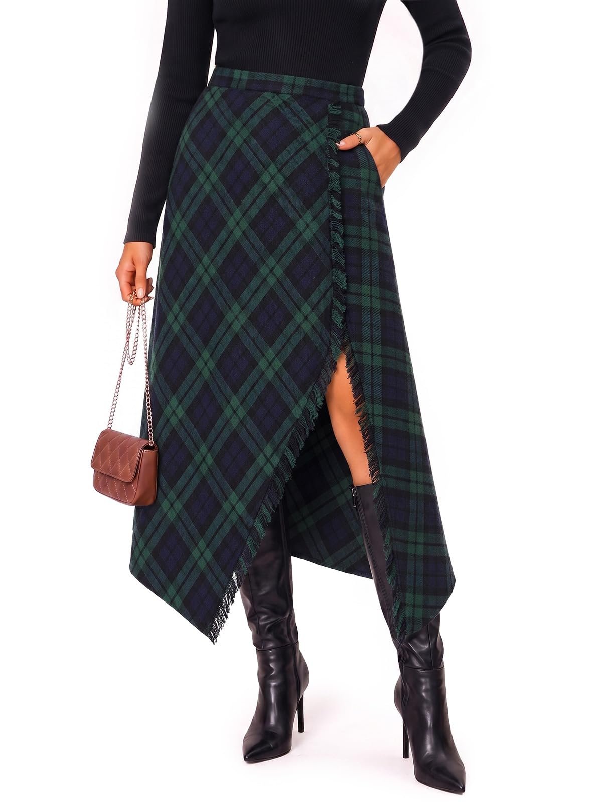 Green tartan wrap skirt showing fringe along the slit — Yousify Plaid Skirts for Women Wrap Asymmetrical Hem Tartan Slit Midi Skirt