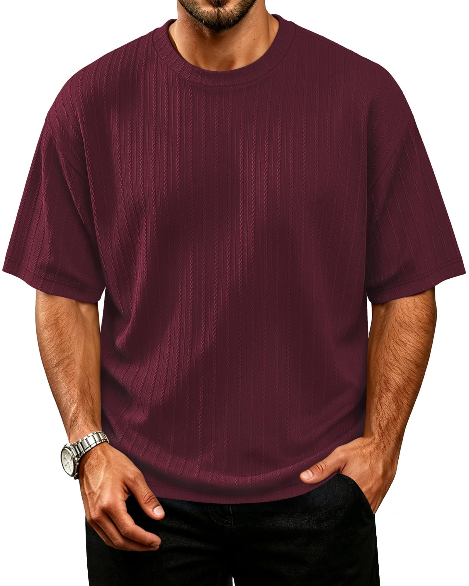 Ribbed tee, drawstring shorts, one elevator mirror — Rosemia Mens T Shirts Oversized Short Sleeve Tshirts Ribbed Textured Knit Tees