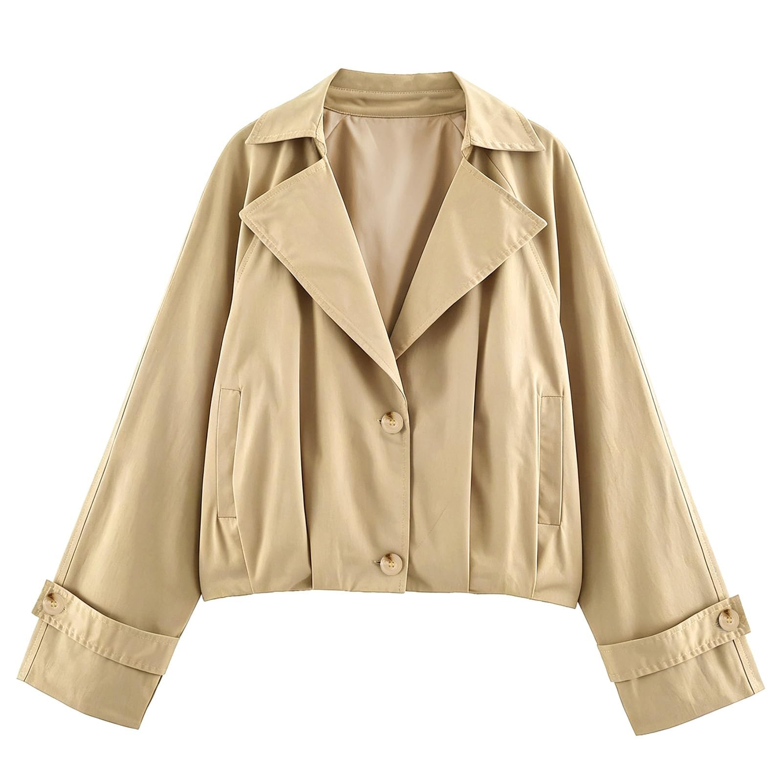 Sun out, Cropped Jacket on — Houlengs Women's Cropped Trench Coat Button Front Fall Pleated Jacket