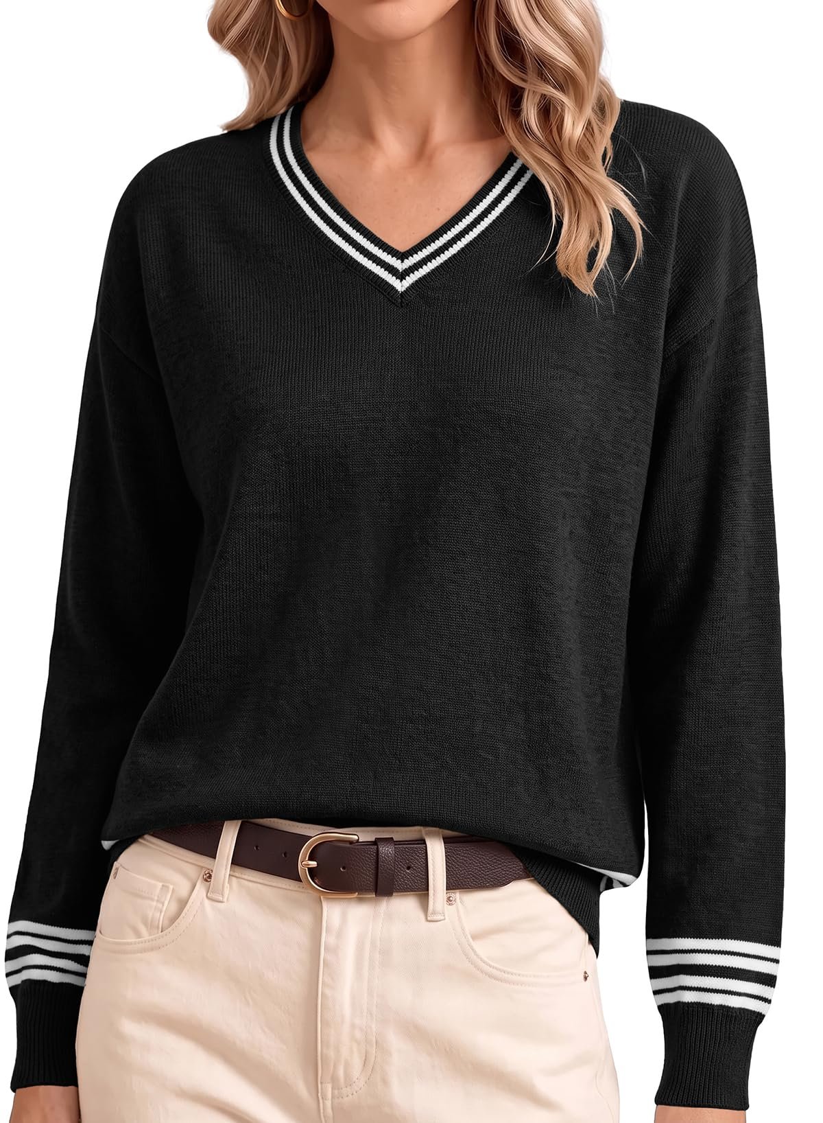 Triple white stripes around the sweater cuffs — Dokotoo Women's Sweaters Casual Long Sleeve V Neck Fall Knit Tops